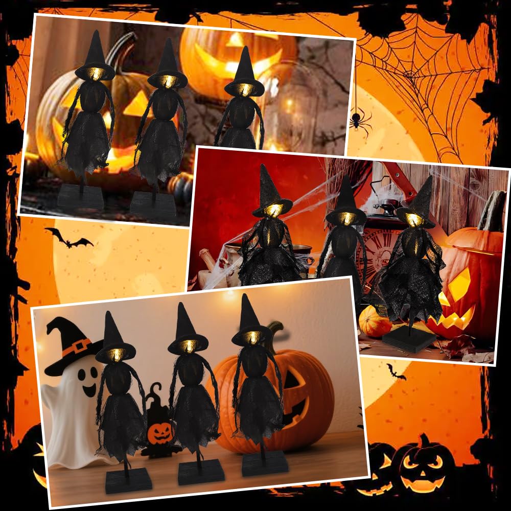DIYDEC Witch Decorations Indoor 3pcs Primitive Halloween Witch on Wooden Stand with LED Halloween Table Centerpieces Signs for Home Shelf Mantels Kitchen Indoor Decorations Gifts