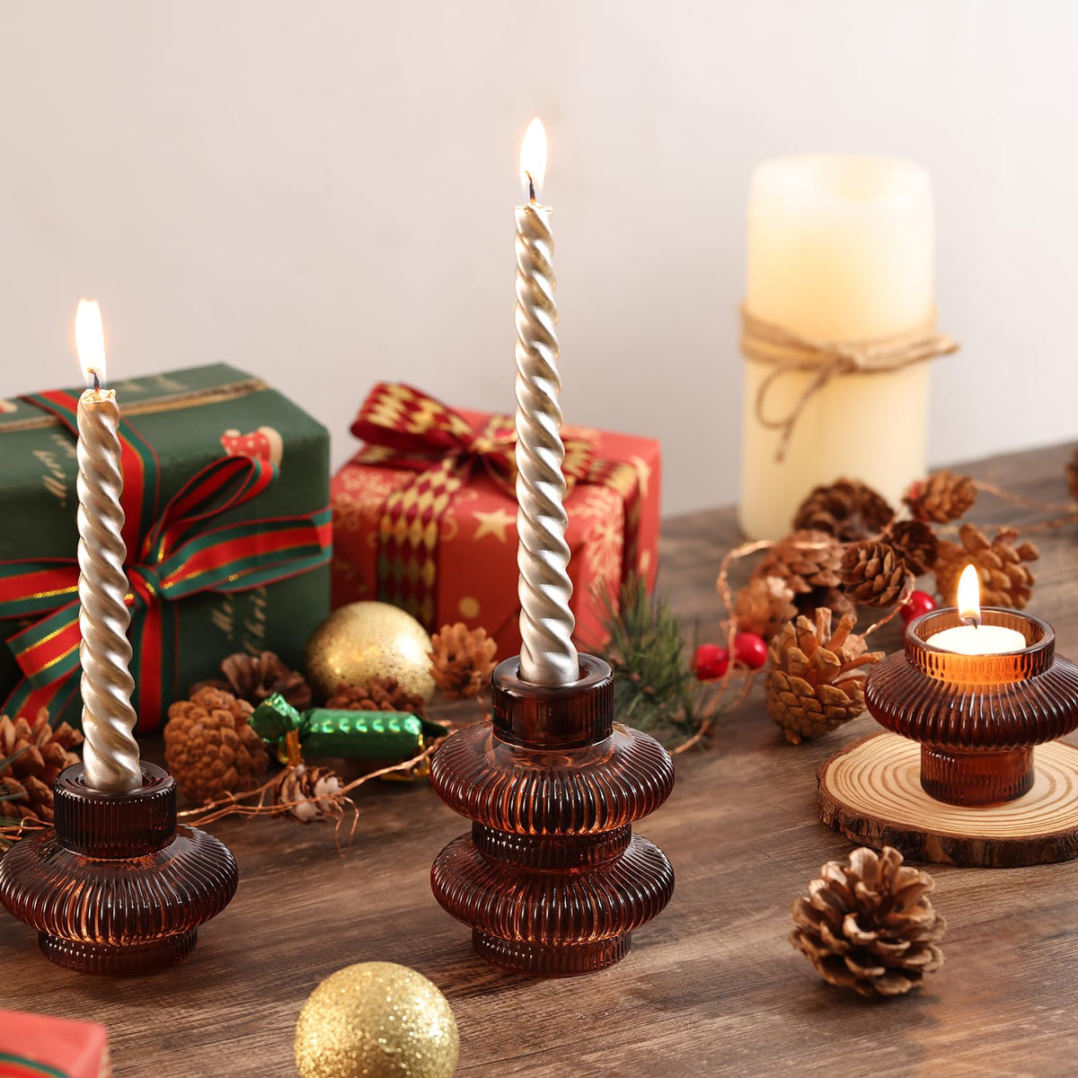 Candle Stick Candle Holder Set of 8, Taper Candle Holders for Wedding Table Centerpiece, Ribbed Glass Votive Candle Holders for Christmas, Romantic Dinner, Festival & Windowsill Decor