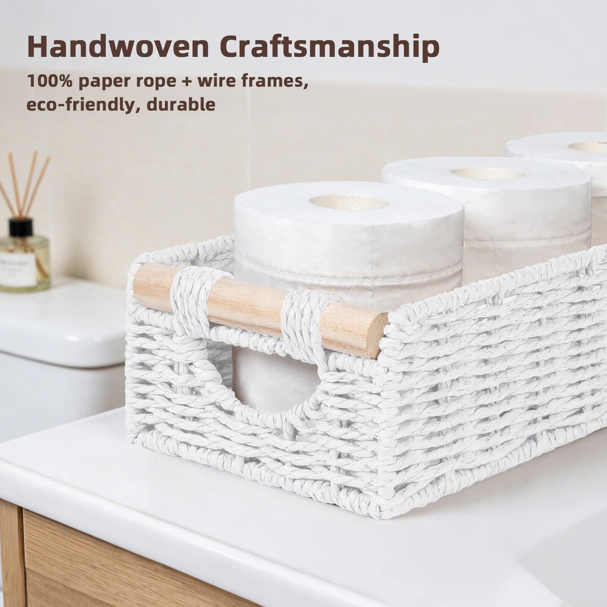 CubesLand Back of Toilet Storage Basket for Organizing w/Cut Out Handle, Handwoven Toilet Tank Top Paper Baskets, Small Wicker Decorative Basket for Countertop, Home, Living Room, Nursery, White