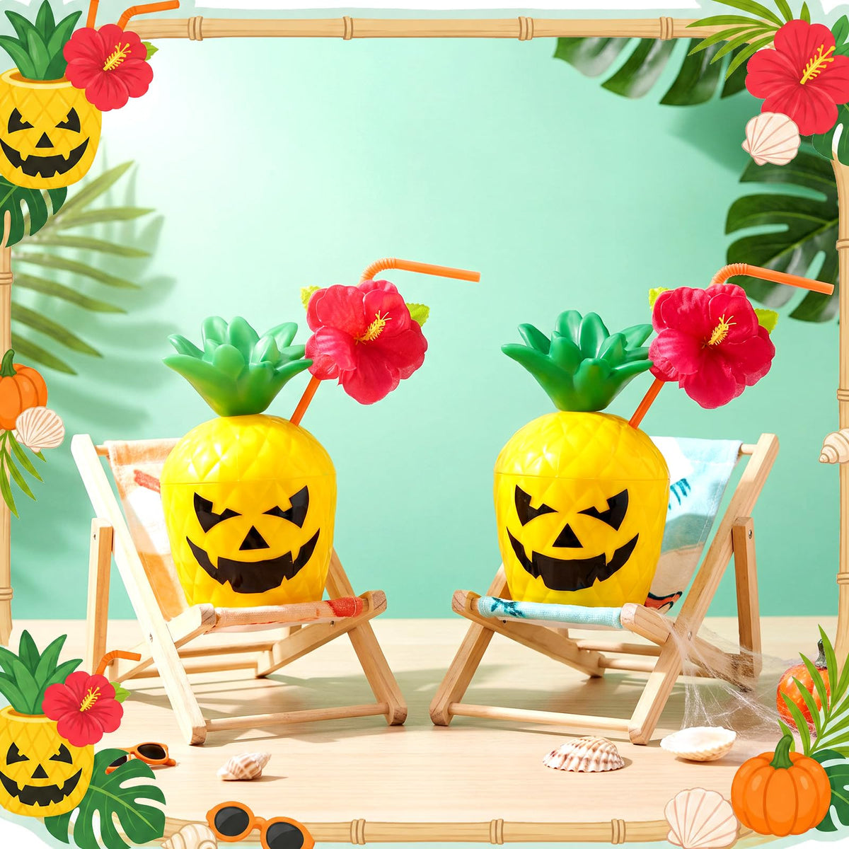 Yungyan 6 Sets Summer Halloween Pineapple Cups Drink Bottles with Ghost Facial Stickers & Straws for Summer Halloween Party Supplies Hawaiia Themed Hallows' Eve Ghost Tropical Favors Decorations