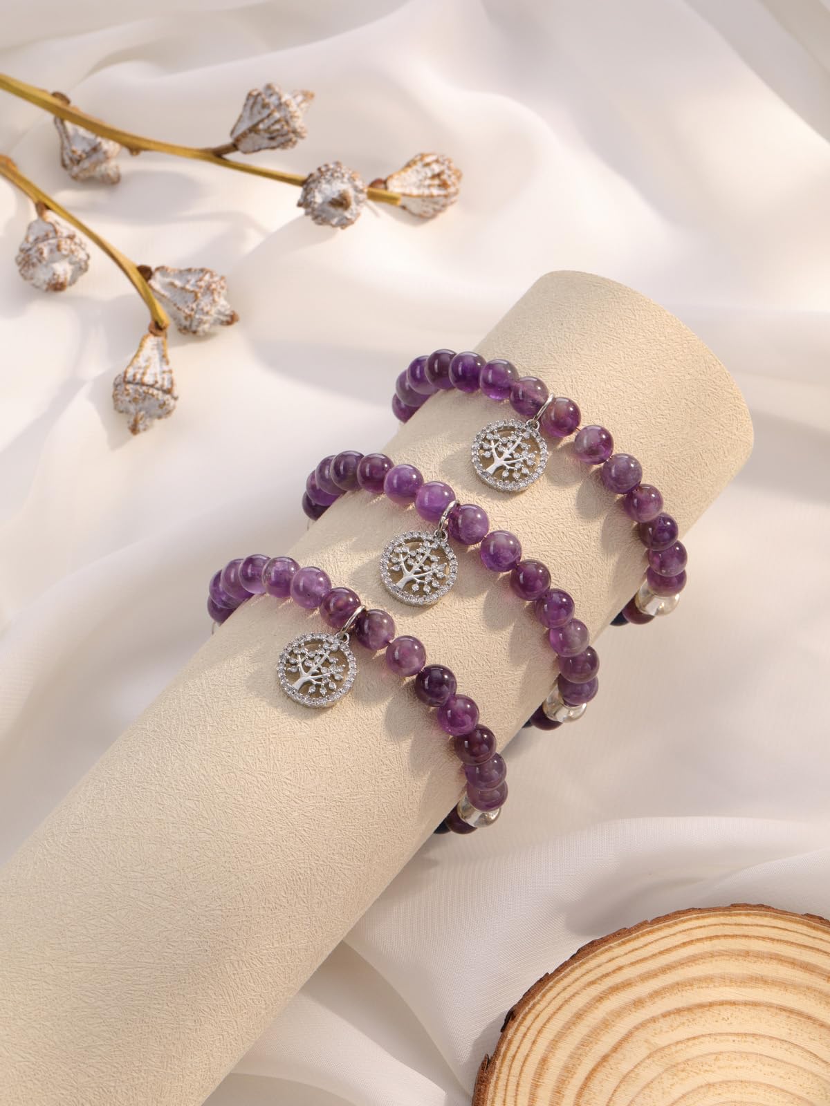 MANIFO Amethyst Chakra Crystals Bracelet for Women Healing Crystal Bracelet Natural Gemstone Beaded Bracelets with Life Tree Charm Jewellery Valentines Christmas Gifts