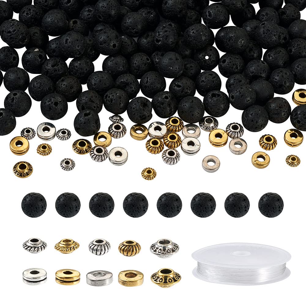 FASHEWELRY Mala Yoga Men Bracelet Making Kit - 300pcs Natural Gemstone Lava Rock Tibetan Alloy Beads Healing Chakra Stone Beads with Elastic Thread for Essential Oil Diffuser Jewelry Making