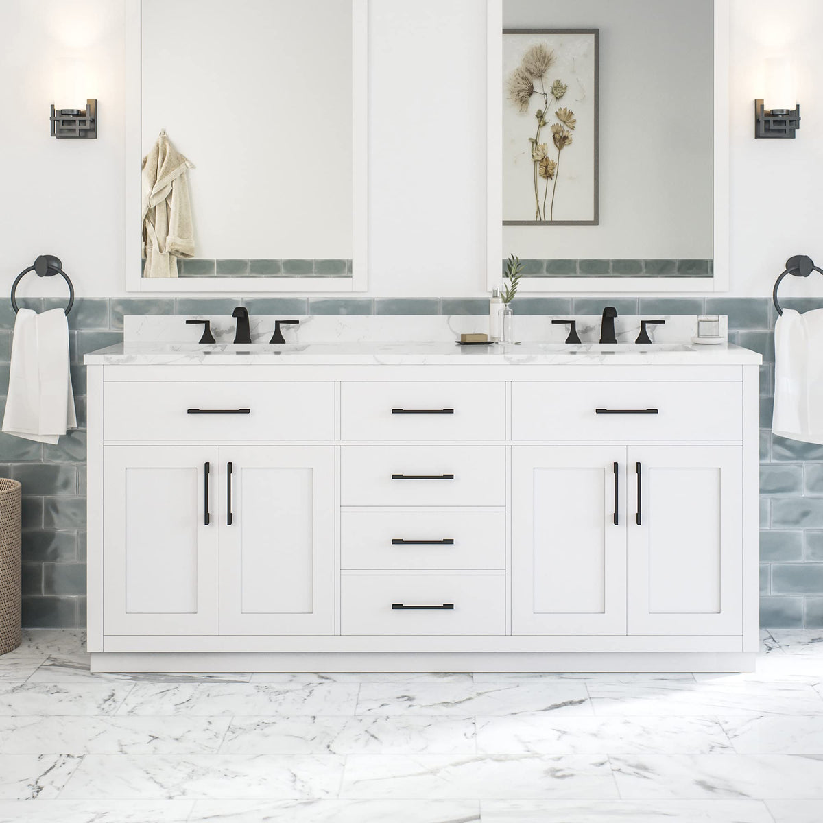 OVE Decors Athea 72" Double Undermount Sink Bathroom Vanity with Cultured Marble Countertop, Backsplash, Power Bar, in Almond Latte Finish