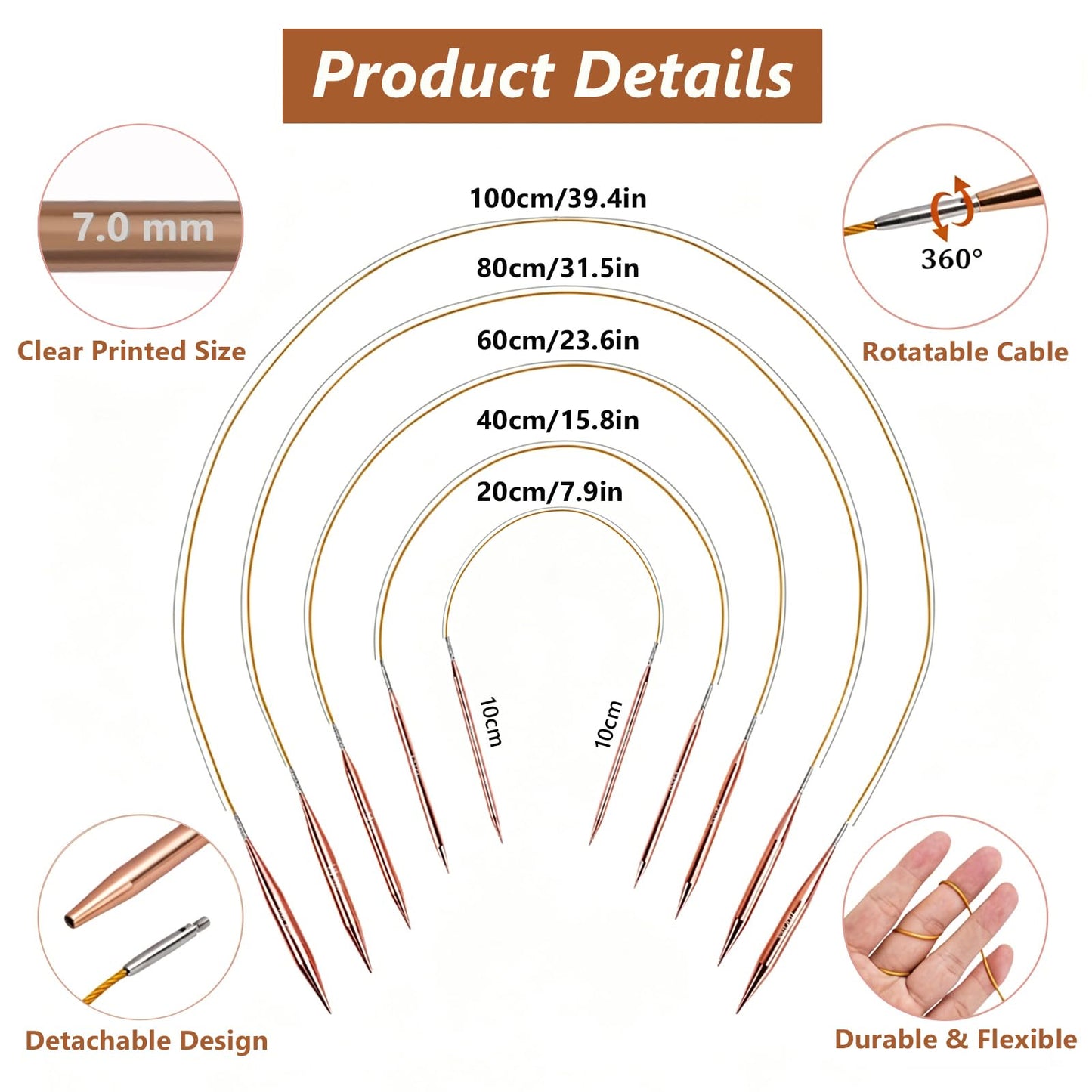 LYMIGER 13 Pairs Interchangeable Circular Knitting Needles Set, 4in Knitting Needles Set Aluminum 3-10mm with 20cm, 40cm, 60cm, 80cm, 100cm Rotatable Cables, Knitting Accessories and Case (Rose Gold)