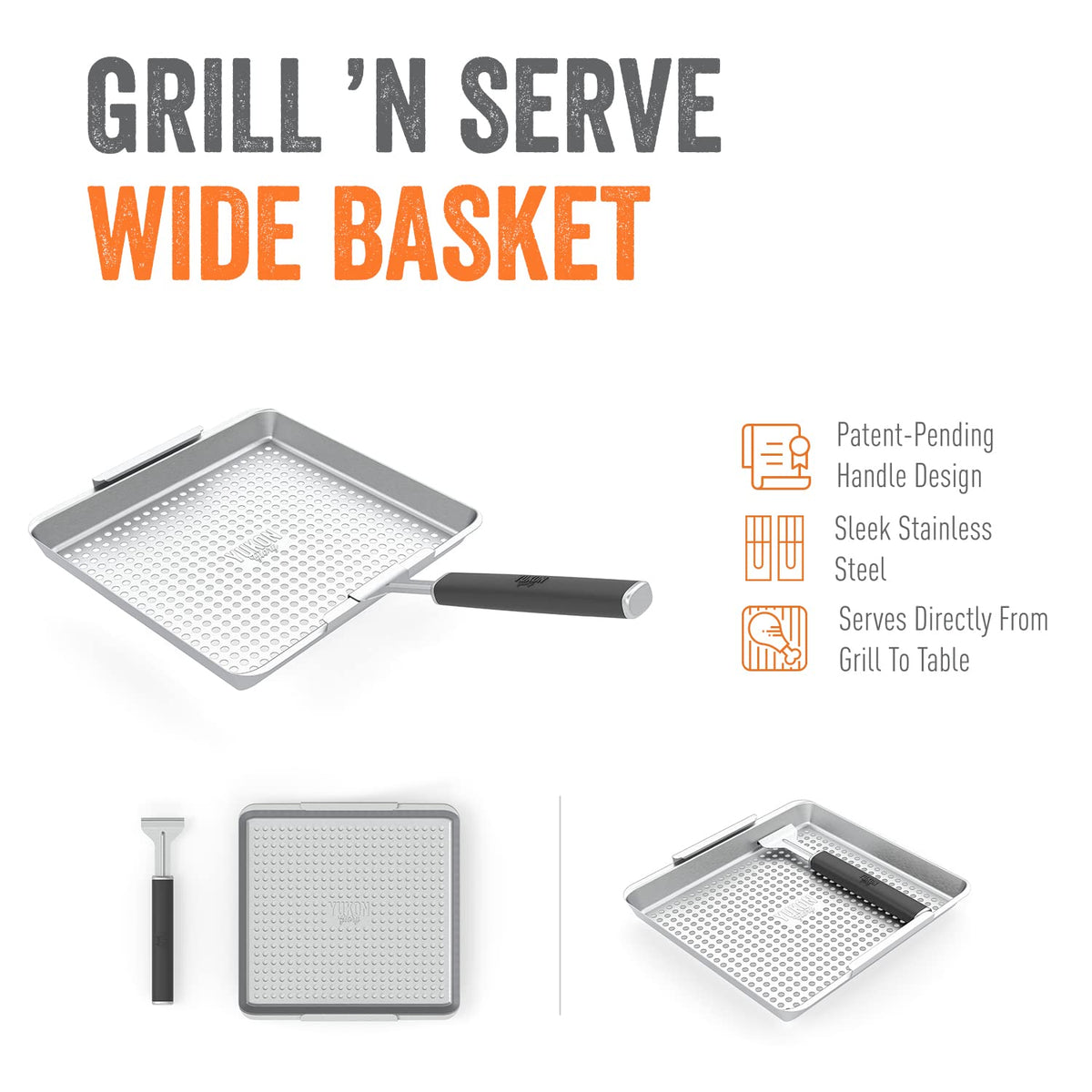 Yukon Glory™ BBQ 'N SERVE Wide BBQ Grill Basket The Grilling Basket Includes a Clip-On Handle - Perfect Grill Baskets for Outdoor Grill Vegetables or Fish Basket & Meat