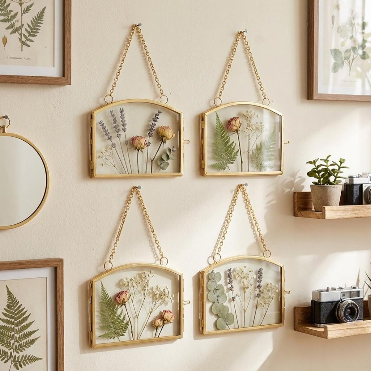 FOCHIER 4 Pcs Double Glass Frame for Pressed Flowers Floating Hanging Photo Frame 3x2 in Brass Clear Pressed Flower Decor with Chain for Display Gallery Artwork, Horizontal Vertical, Gold