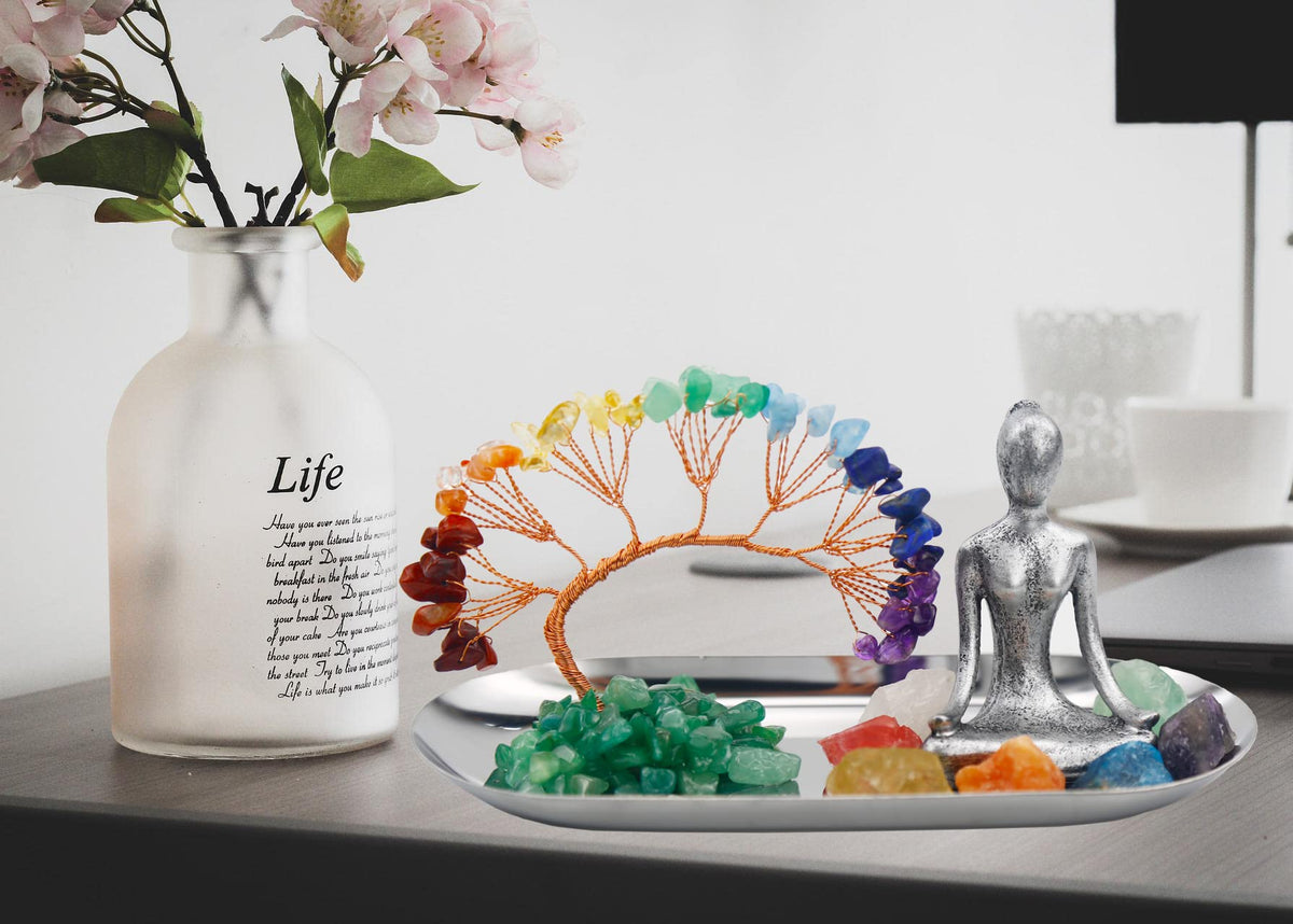 Carselage Meditation Accessories, Zen Spiritual Decor, 7 Chakra Crystal Tree Healing Stones and Yoga Statues, for Living Room, Office, Shelves, Mantle Decor, Birthday Gifts for Women