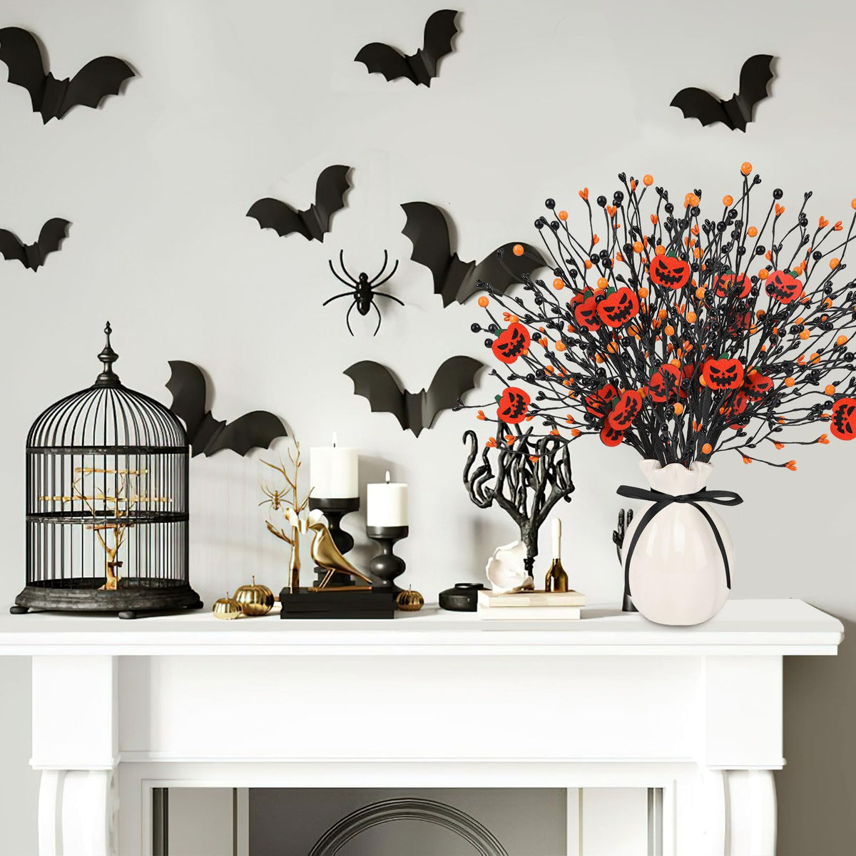 JUNEBRUSHS 6 Pcs Artificial Pumpkin Stems with Black Branches and 2 Roll Ribbons for Halloween Vase Bouquet Arrangement Wreath Table Centerpiece Home Party Decor