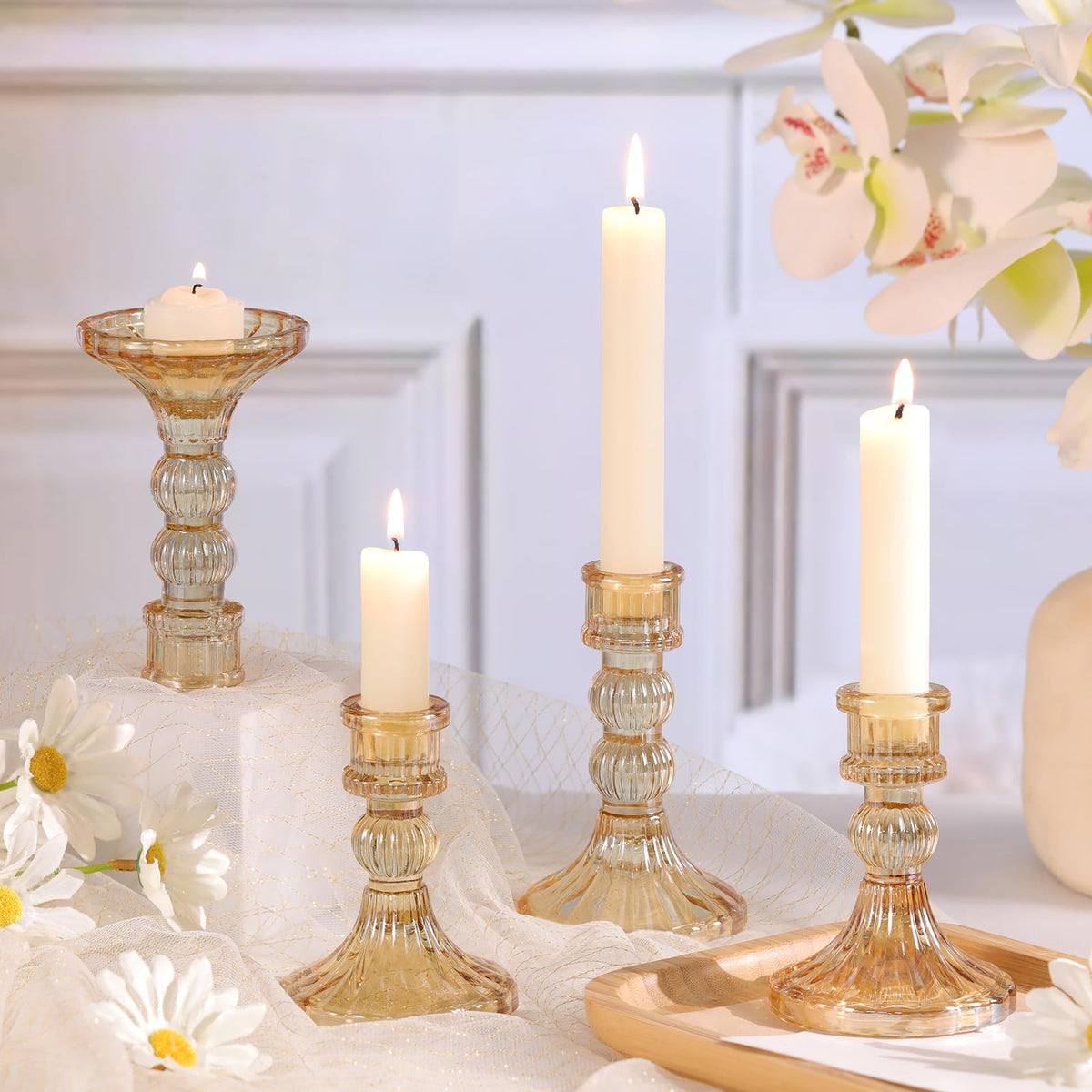 DARJEN 6Pcs Gold Candlestick Holders Set - 4" H & 5" H Striped Taper Candle Holders Bulk, Glass Candle Holders for Wedding, Festival, Party, Table Centerpiece, Gifts