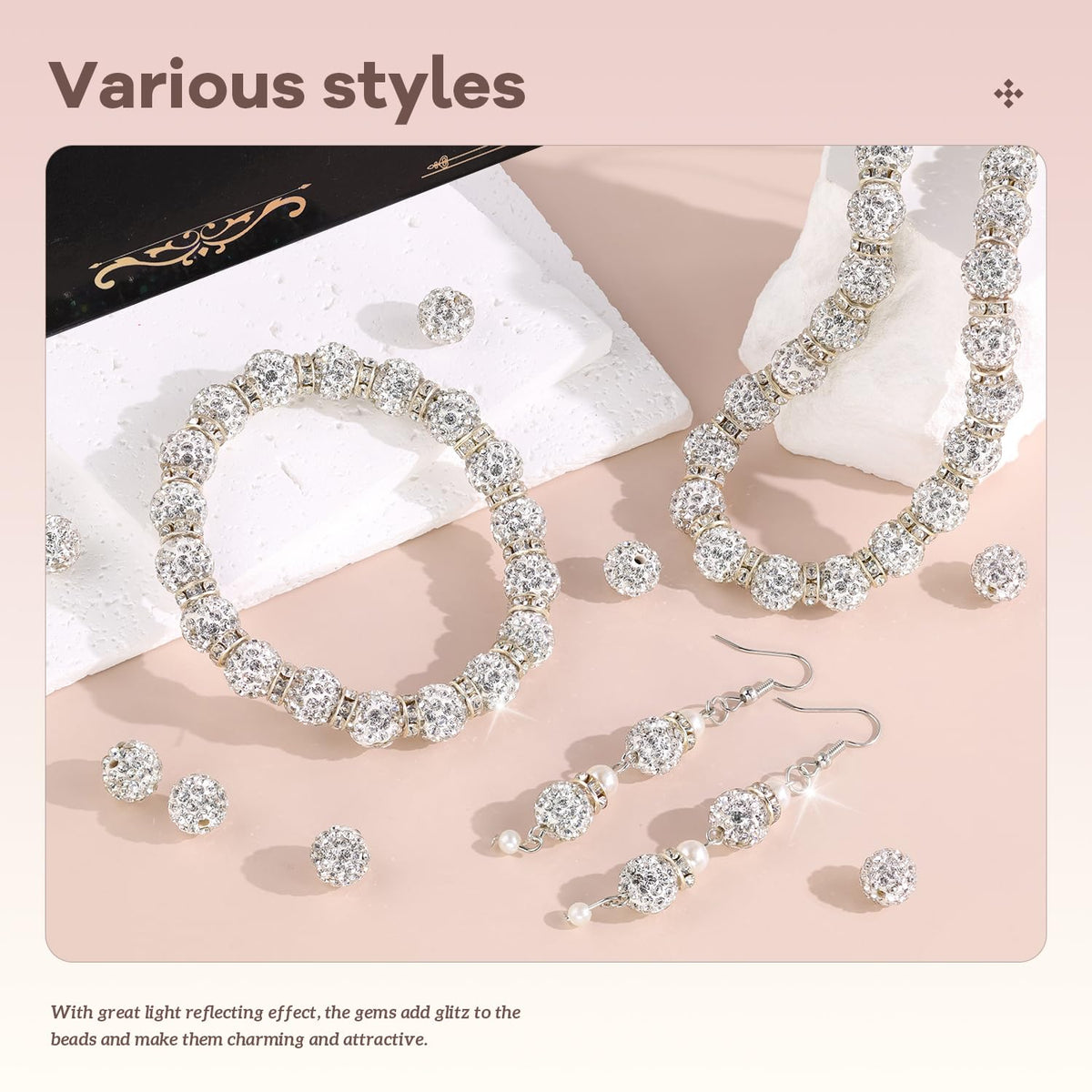 105pcs 10mm Rhinestone Beads for Jewelry Making, White Shiny Round Disco Ball Beads Bulk, Sparkle Crystal Clay Christmas Bead for Bracelet Baseball Necklace Earring Crafting and DIY