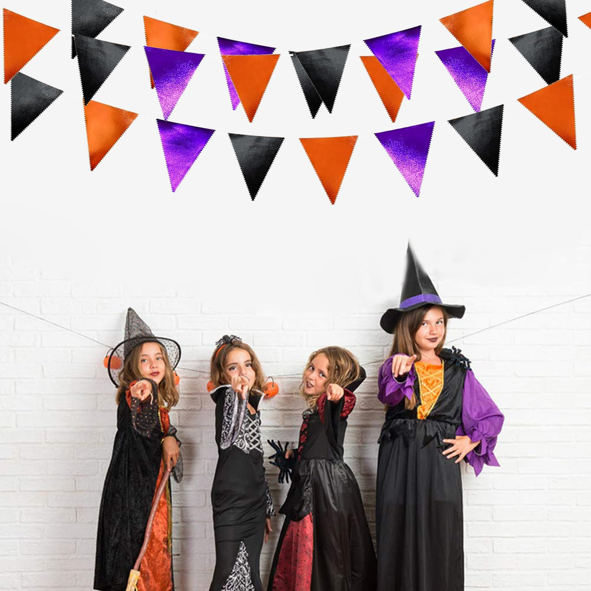 Zwiebeco 39Ft Black Orange Purple Glitter Fabric Bunting Banner Triangle Flags Hanging Cotton Pennant Banner for Birthday Wedding Engagement Halloween Theme Party Home Garden Decorations Supplies