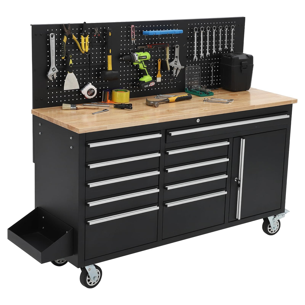GAOMON 61-inch Rolling Tool Chest, 10 Drawers Garage Workbench Storage Tool Cabinet with Power Strip, Solid Rubber Wood Top, 1675 LBS Load Mobile Workstation, Heavy Duty Rolling Cabinet