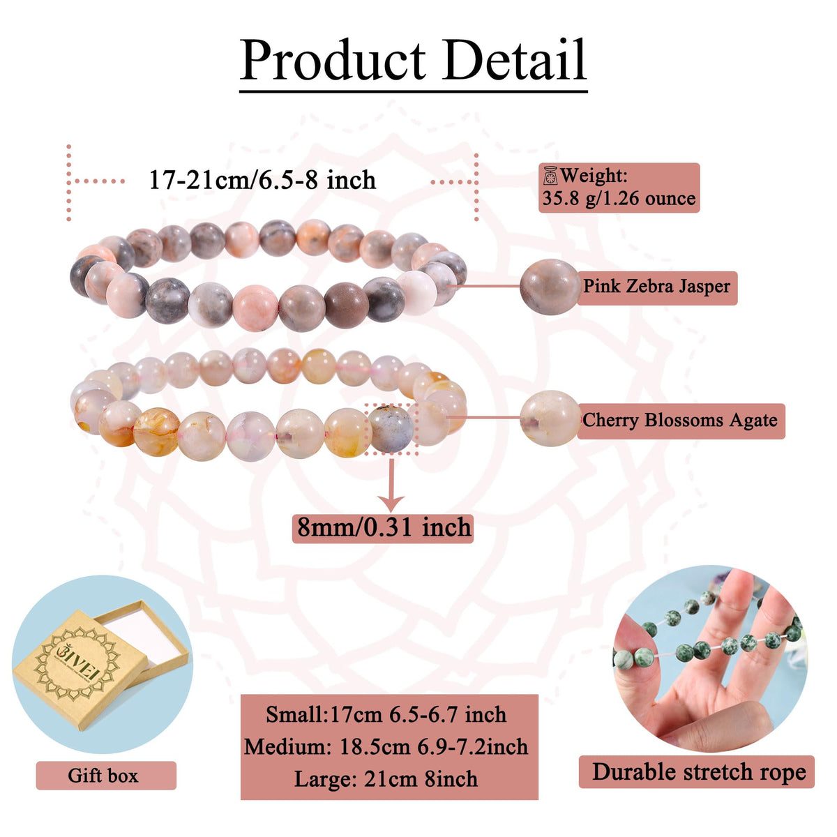 Bivei Natural Gemstone Semi Precious Crystals Handmade Stretchy Round Beads Bracelet, Enhance Positive Energy,Stocking Stuffers for Women(Pink Jasper & Sakura Agate (Positive Energy& Love) Large)