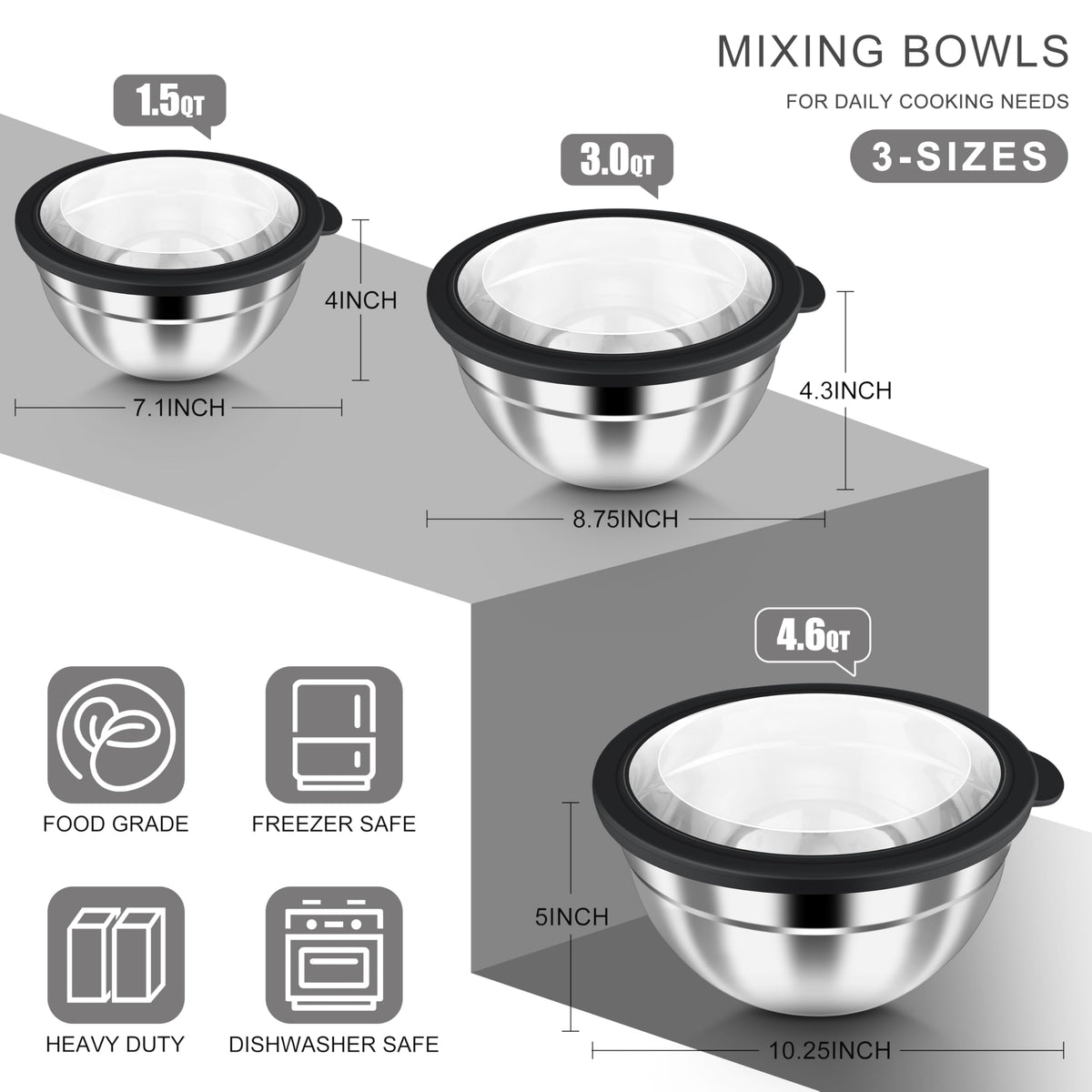 HaWare Mixing Bowls with Airtight Clear Lids, 6-Piece Stainless Steel Strong Nesting Bowls Set, Metal Salad Bowl for Cooking, Prepping, Baking, Serving & Food Storage, Size 4.6, 3, 1.5QT, Black