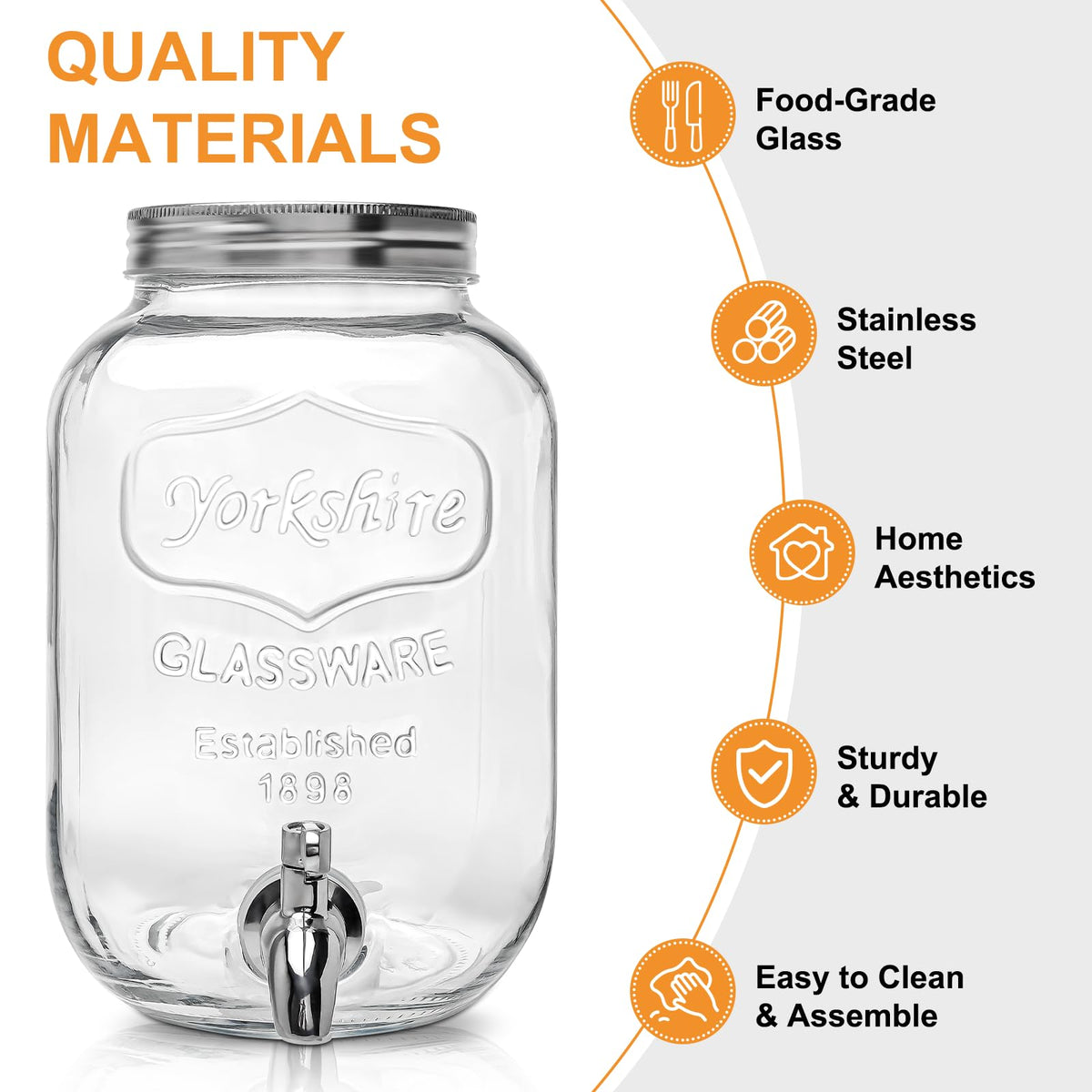 1 Gallon Glass Beverage Dispenser with Lid, Stainless Steel Spigot, Glass Drink Dispensers for Parties, Lemonade Dispenser With Ice Cylinder for Weddings, Party,Sun Tea Jar, Water Juice Dispensers