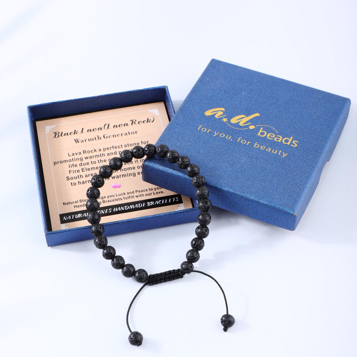 AD Beads 4mm Black Lava - Warmth Generator - Handmade Natural Stone Crystal Bracelet with Adjustable Macrame String - Yoga Healing Power Energy Gifts for Men and Women