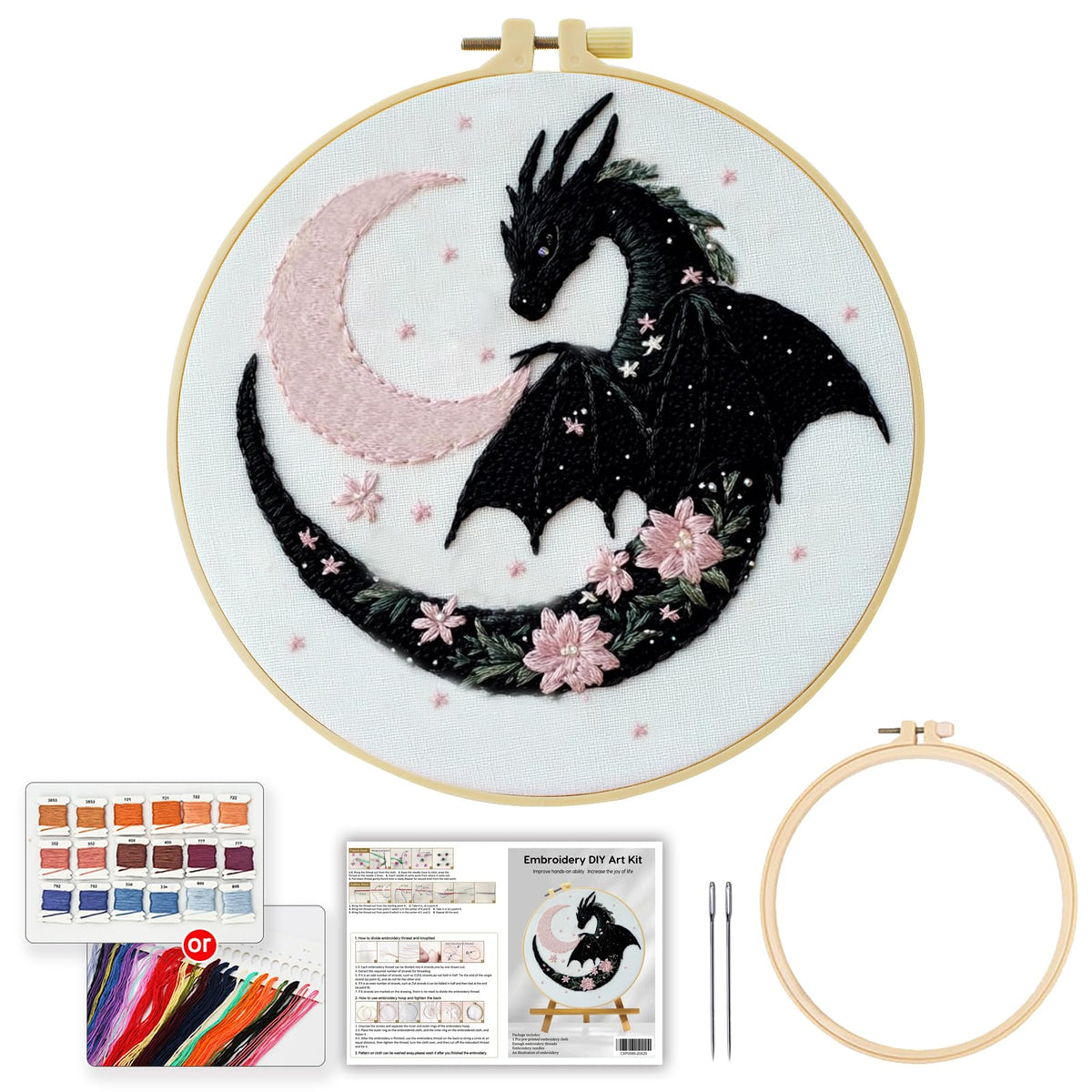 JOZYSH Black Dragon Handmade DIY Embroidery kit,Suitable for Adult Beginners,Includes Embroidery Cloth, Instructions, Embroidery Frame and Needle and Thread, Suitable for Holiday Gifts (Dragon)