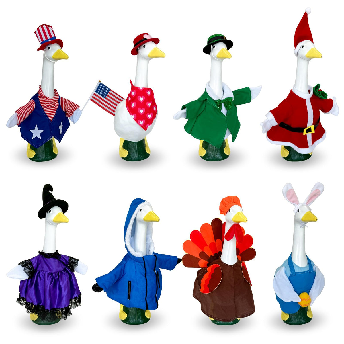 Lafans 8 Set Holiday Porch Goose Outfits Kit for Year-Round Decor: Christmas, Halloween, Thanksgiving, 4th of July, Valentine‘s, Easter, St. Patrick’s Day & Winter Ski Suit(23inch)