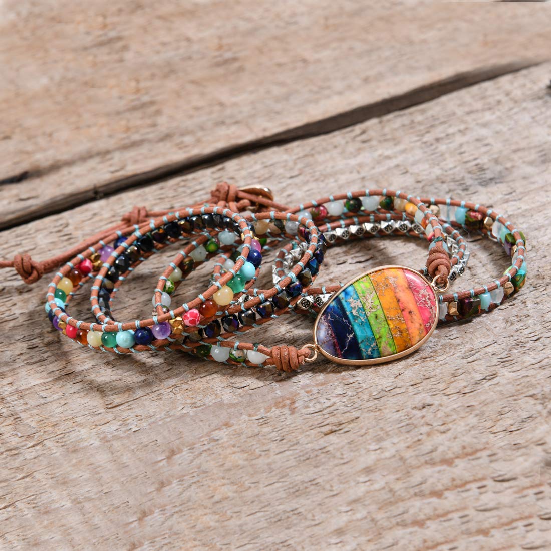 YGLINE Leather Handmade Chakra Stone Crystal Bead Wrap Bracelets Collection (Chakra 3)