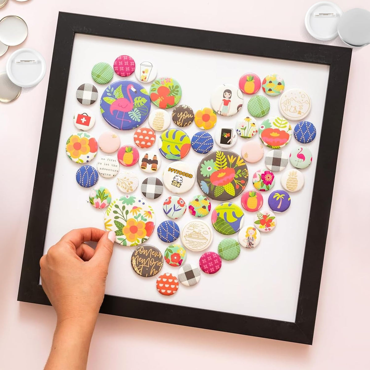 PPTTOODD 100 Sets 58mm / 2.25 in (Approx. 2-1/4 inch) Button Making Supplies for Your Round Button Maker Machine, Including Metal Covers, Plastic Back Covers, Clear Plastic Film & Blank Paper