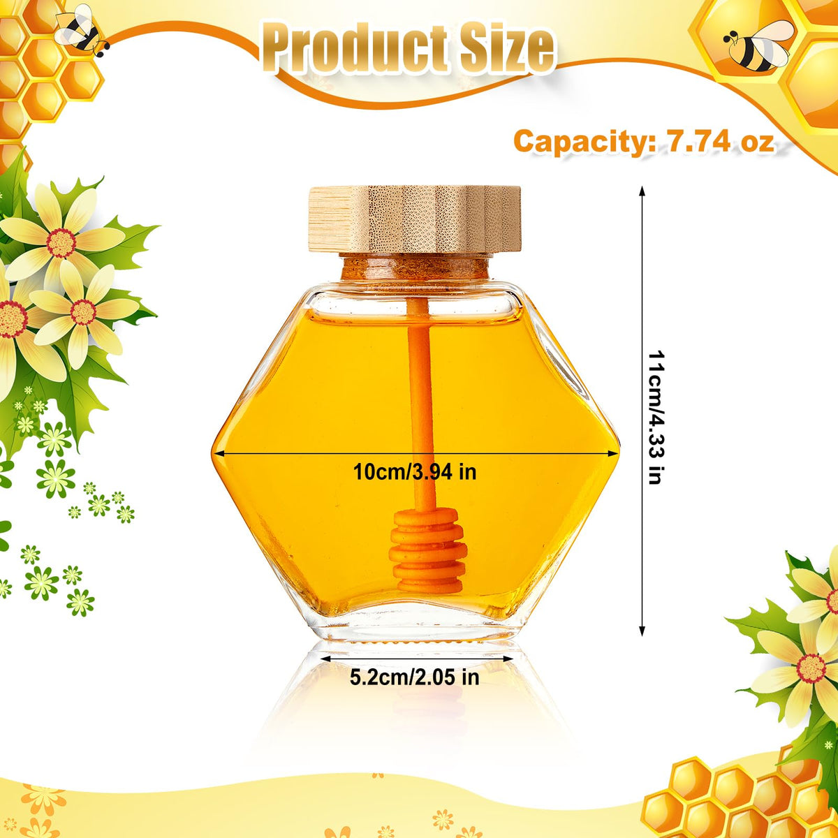 Sunnyray 20 Pcs Glass Honey Jars with Dipper Hexagonal Clear Glass Dispenser Small Honey Containers Bottle with Wooden Dipper and Cork Lid for Home Storage Kitchen (220 ml)