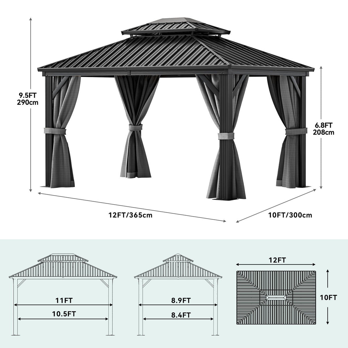 YITAHOME 10X12FT Gazebo Hard Top Patios Aluminum Frame Double Roof Canopy Garden Metal Gazebo Tent Curtains Netting for Patios Backyards Decks Lawns, Gray