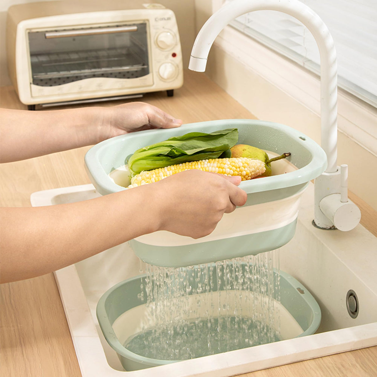 Cemome Collapsible Dish Basin with Colander, Foldable 2-in-1 Dish Pan and Strainer Set with Drain Holes, Portable Wash Basin for Kitchen Sink, Camping, Travel & RV (Green)