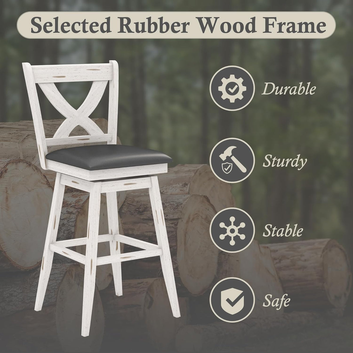Callales Swivel Bar Stools Set of 4, Farmhouse 24" Counter Height Barstools with X Carved Backs, Wooden Bar Chair with Solid Wood Legs & Footrest for Kitchen Island, Home Bar, Pub. Antique White