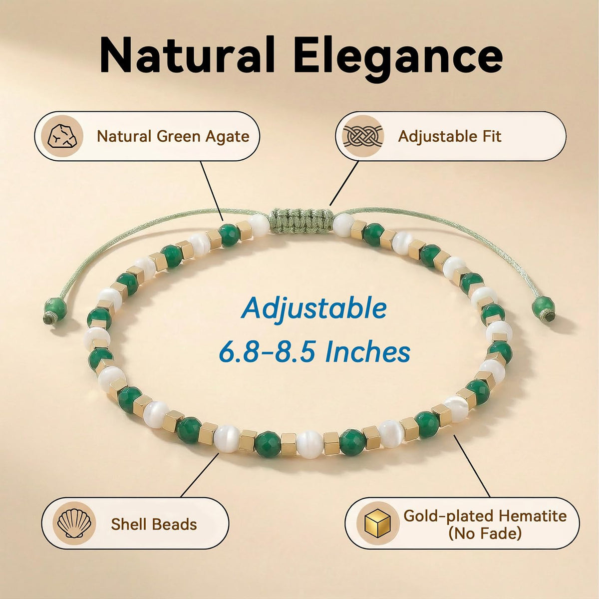 BEADSENER Green Agate Adjustable Charming Bracelet for Women, 3mm Natural Shell Gemstone Hematite Stone Beads, Pull String Slider Metal Free Design Waterproof, Gift for Her Daily Wear
