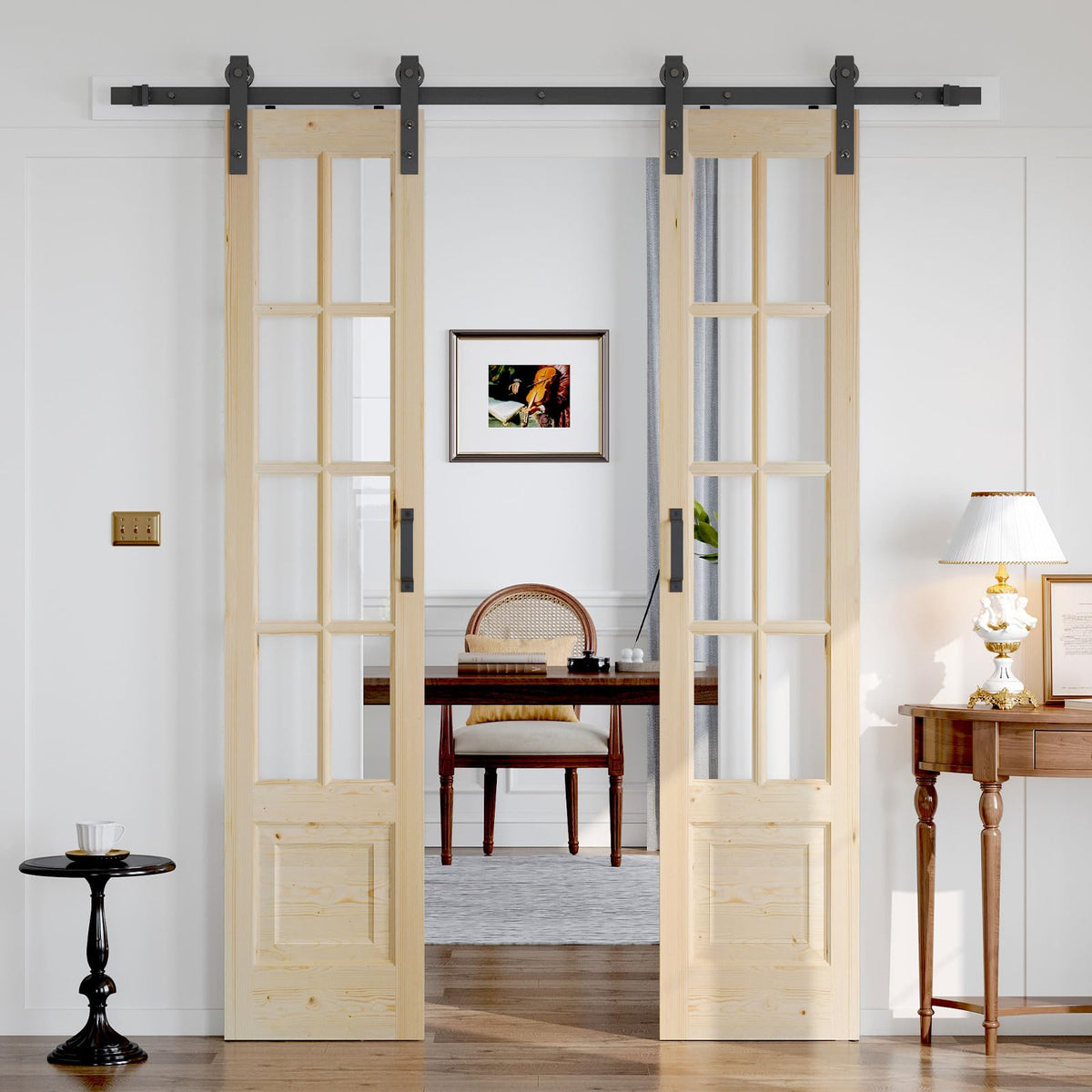 Roymelo Preassembled 36x84 (Double 18x84) Inch Clear Glass French Interior Door with 6.6Ft Barn Door Hardware Kit Included, Spruce Wood Support DIY Dyeing, Easy Assembly
