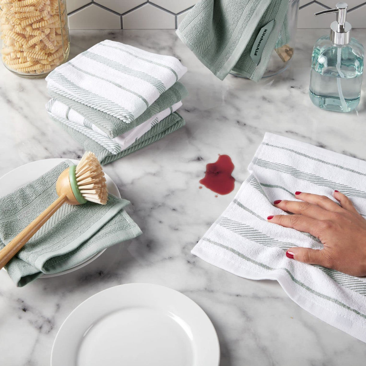 KitchenAid Albany Dishcloth 8 Pack Set, Matte Grey/White, 12"x12"