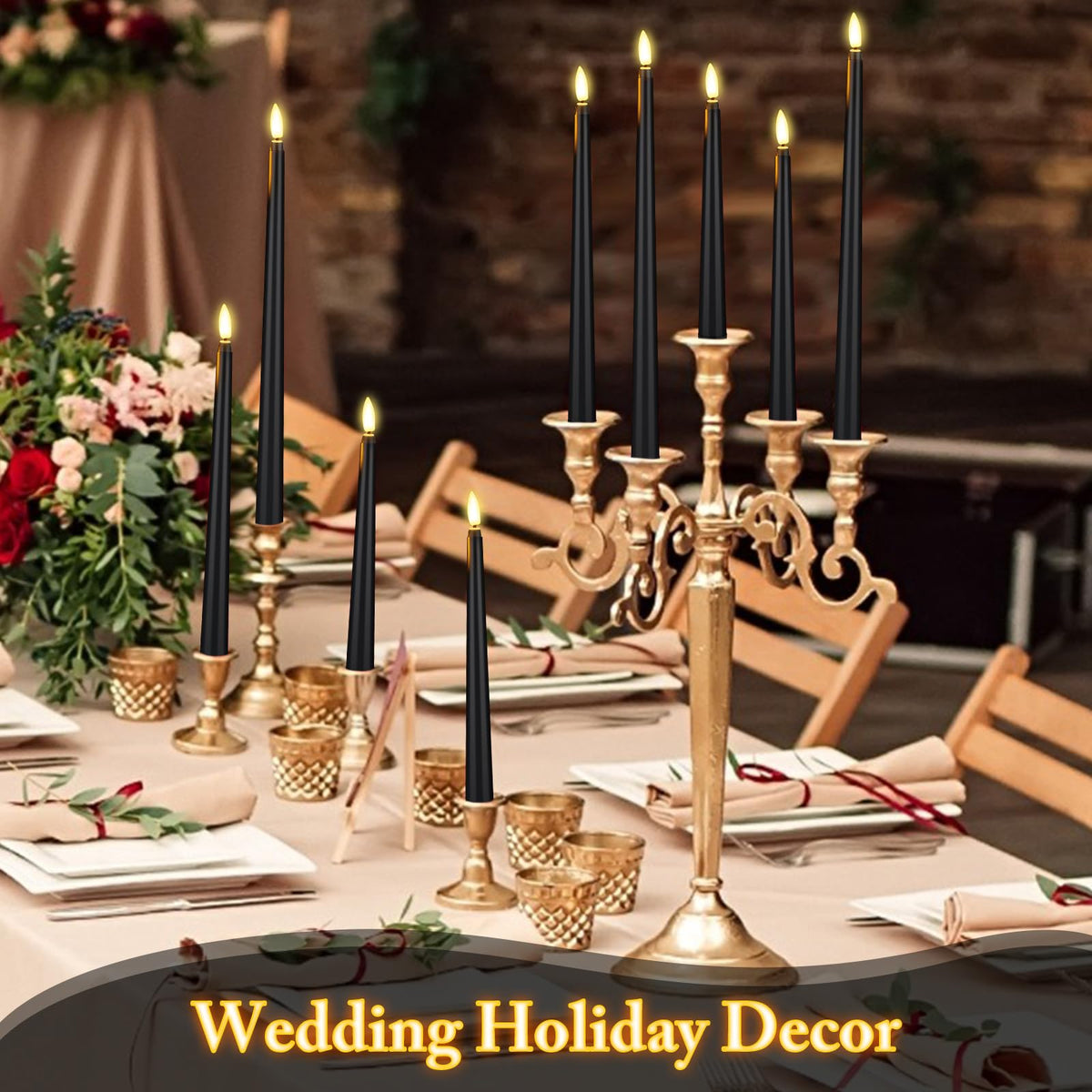 Rossesay 48 Pcs Flameless LED Taper Candles Battery Operated Candles 4 Sizes of 8.5'', 9.65'', 10.83'', 12.8'' Flameless Candlesticks Flickering for Halloween Christmas Church Wedding(Black)