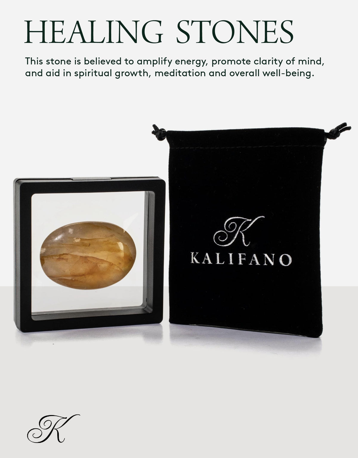 KALIFANO Golden Healer's Quartz Palm Stone with Healing & Calming Effects - AAA Grade High Energy Hematoid Cuarzo Worry Stone with Information Card - Reiki Hematite Crystal Used for Clarity