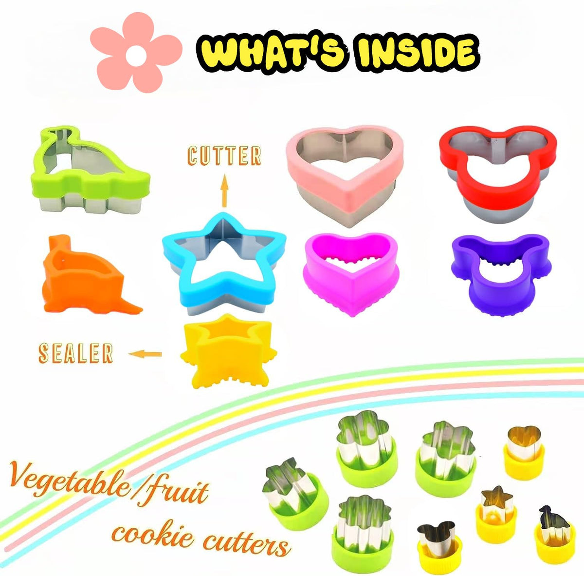 BANIC Uncrustable Sandwich Cutter, 12Pcs Sandwich Cutter and Sealer, Crustless Sandwich Cutter Heart Star Dino Mouse etc, Lunch & Bento Box Accessories