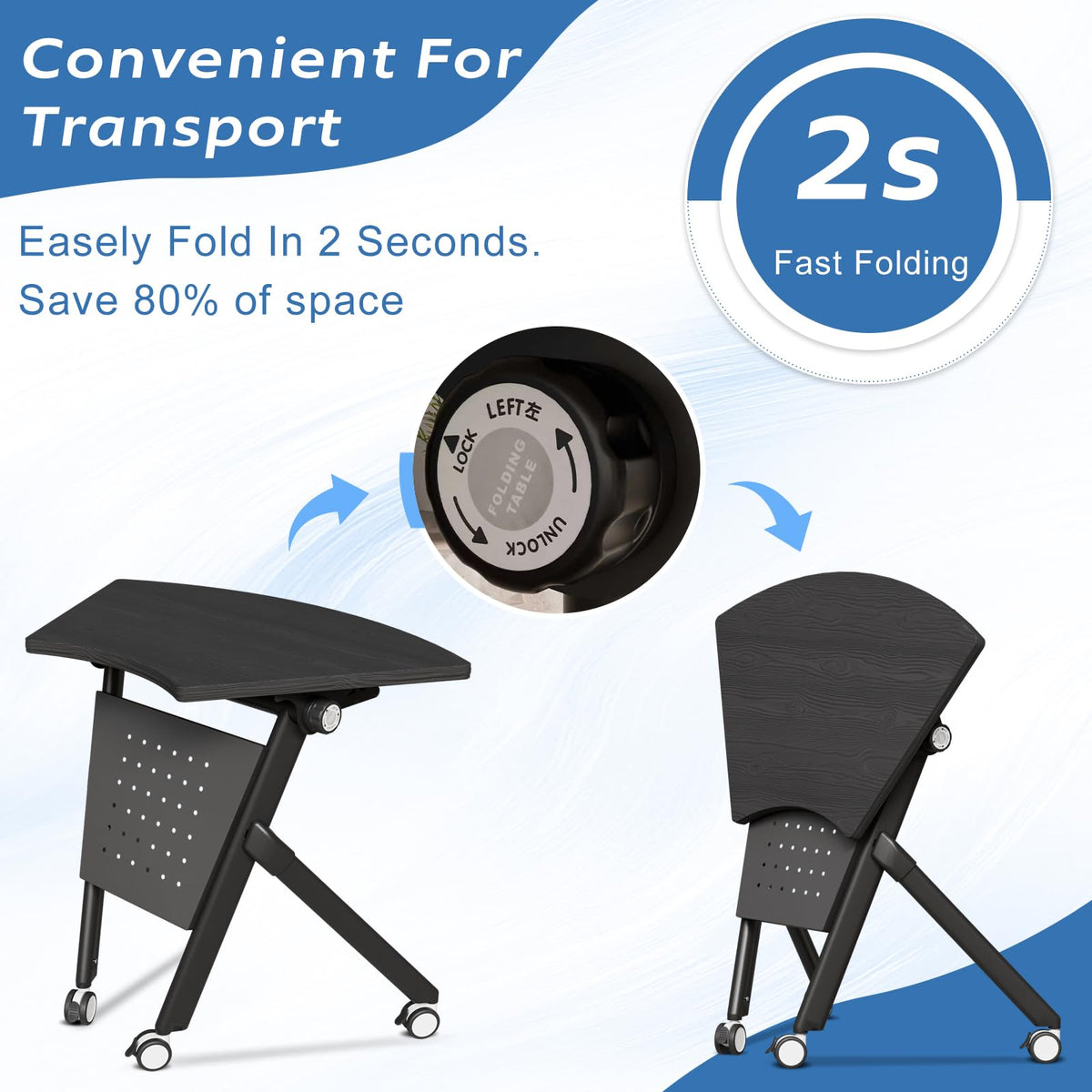 JFazzruit Folding Conference Table,Fan-Shaped Conference Room Tables with Wheels, Mobile Modular Seminar Meeting Desk for Classrooms,Office & Seminar (2, Fan-Black)