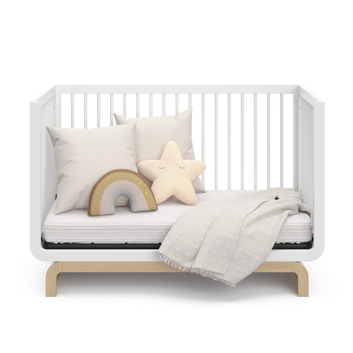 Storkcraft Santorini 5-in-1 Convertible Crib with Toddler Guardrail – GREENGUARD Gold Certified, Conversion Kit Included, 100% Solid Wood, Fits Standard Crib Mattress (White and Driftwood)