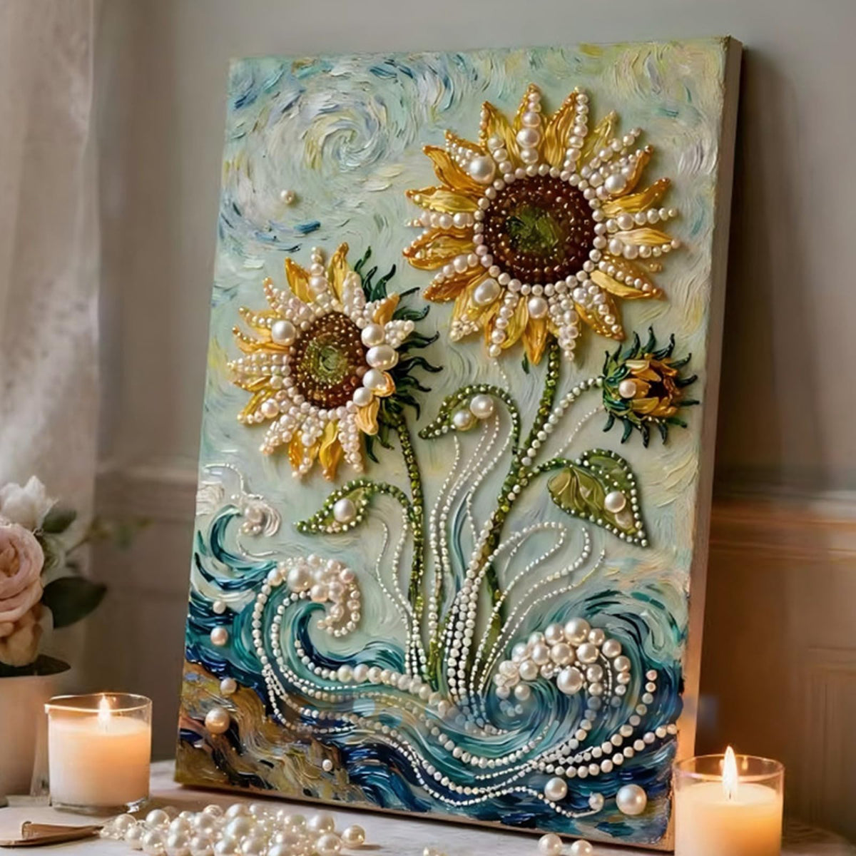 DIY Diamond Pearl Painting Kit for Adults, Sunflower 3D Pearl Painting Craft with Wooden Frame 15.75x19.69 inch, Beginner Friendly Home Wall Decor Art, Gift for Women Men Housewarming