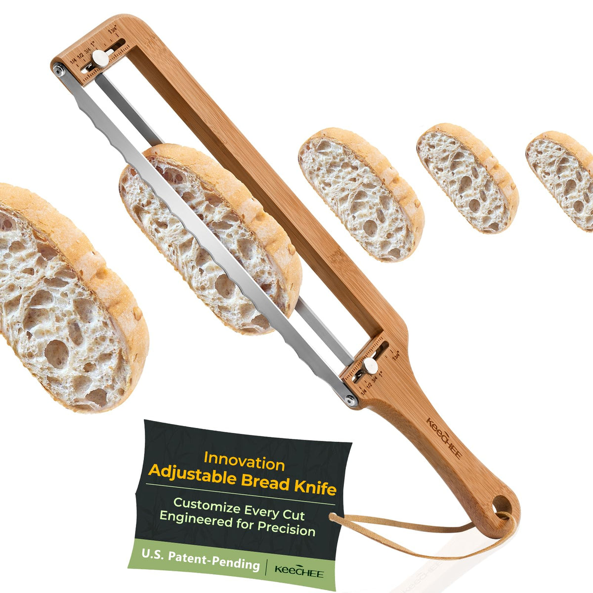 Keechee Adjustable Bread Slicer for Homemade Bread – Sourdough Bread Knife with Thickness Guide & Serrated Stainless Blade, Manual Bow Cutter for Bagels and Baguettes, Gift for Baker, Ambidextrous Use