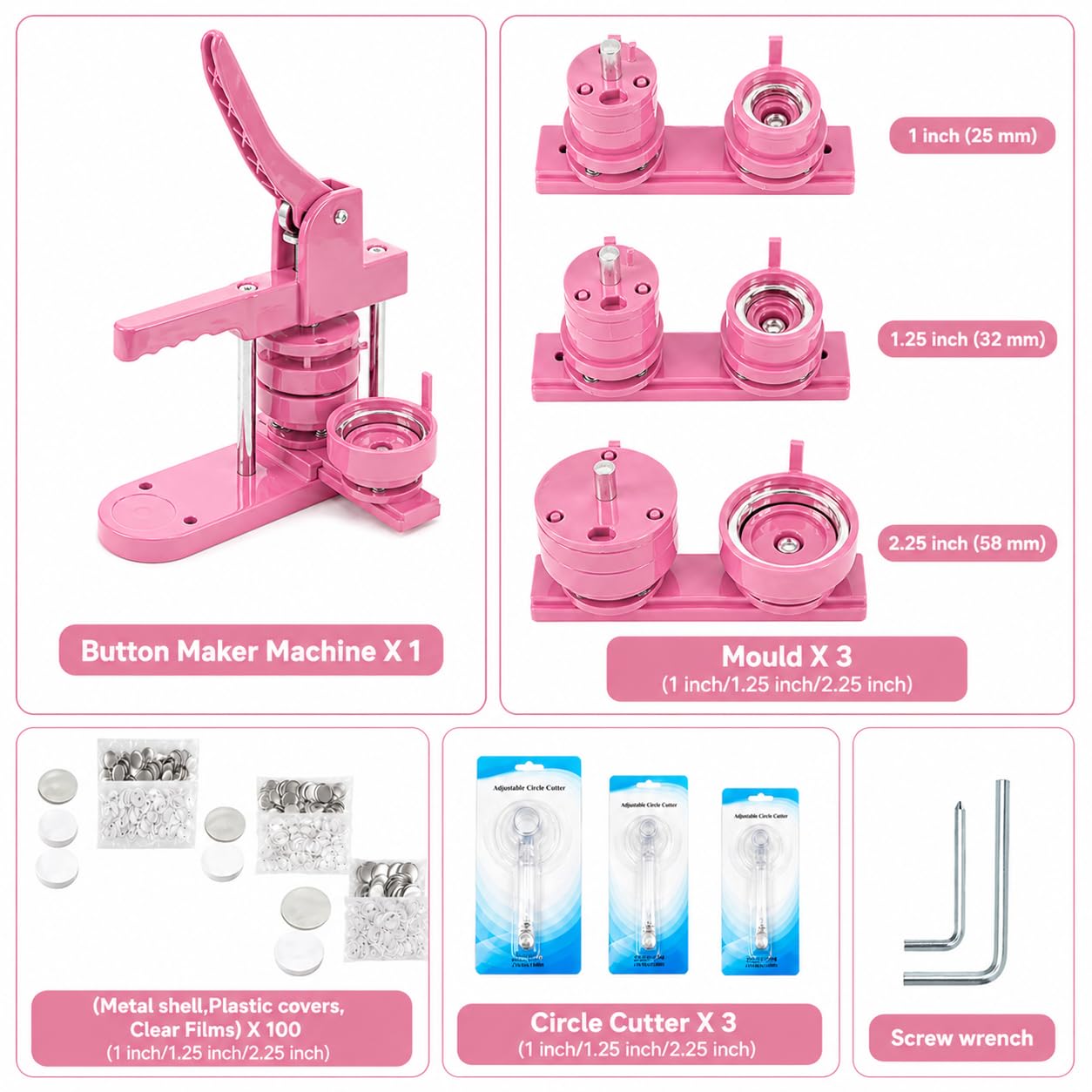 Pin Maker, Button Maker Machine, Pin Maker Machine Kit Includes 300Pcs Pins 25/32/58mm (1/1.25/2.25 inch), 3 Circle Paper Cutters, DIY Button Pin Maker, Button Badge Press Machine(Pink)