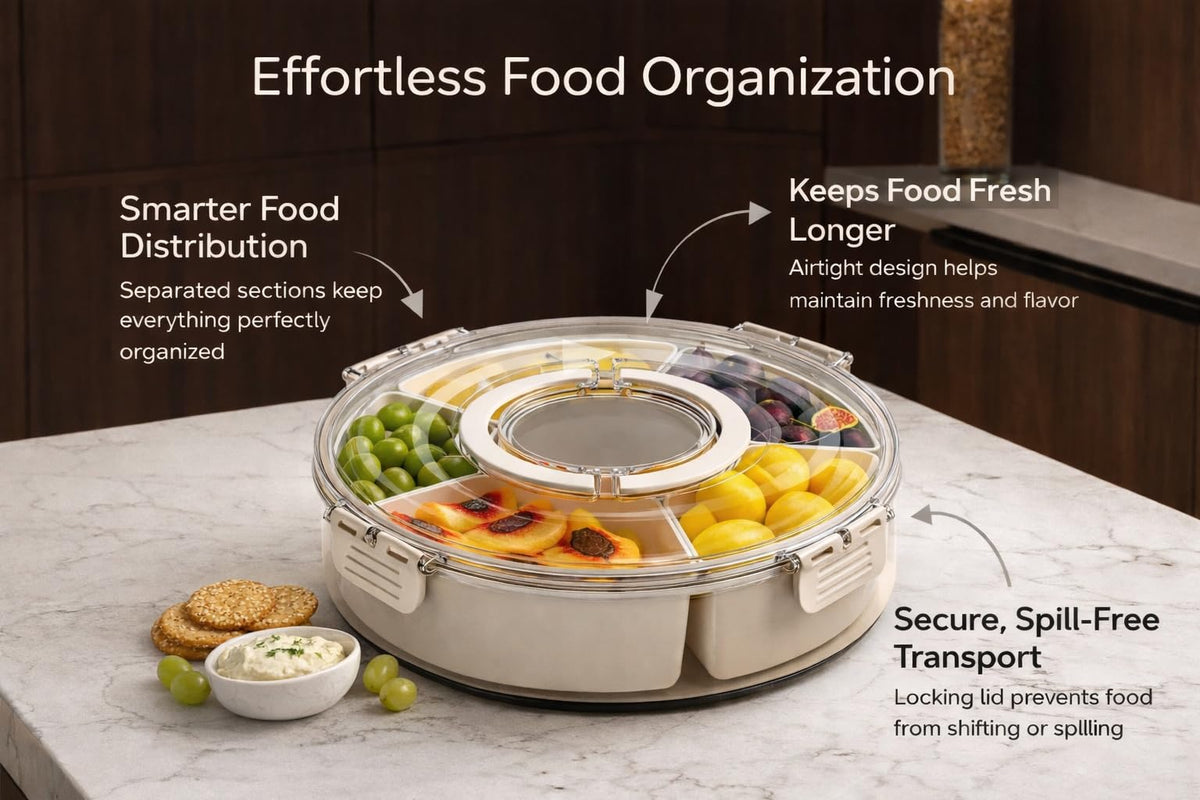 Divided Serving Tray with Lid - Snack Tray - Snack Box - Portable Snackle Box Organizer for Fruit, Salad, Chips & Dip - Lazy Susan Platter with Handle for Parties, Road Trips, Kids & Charcuterie