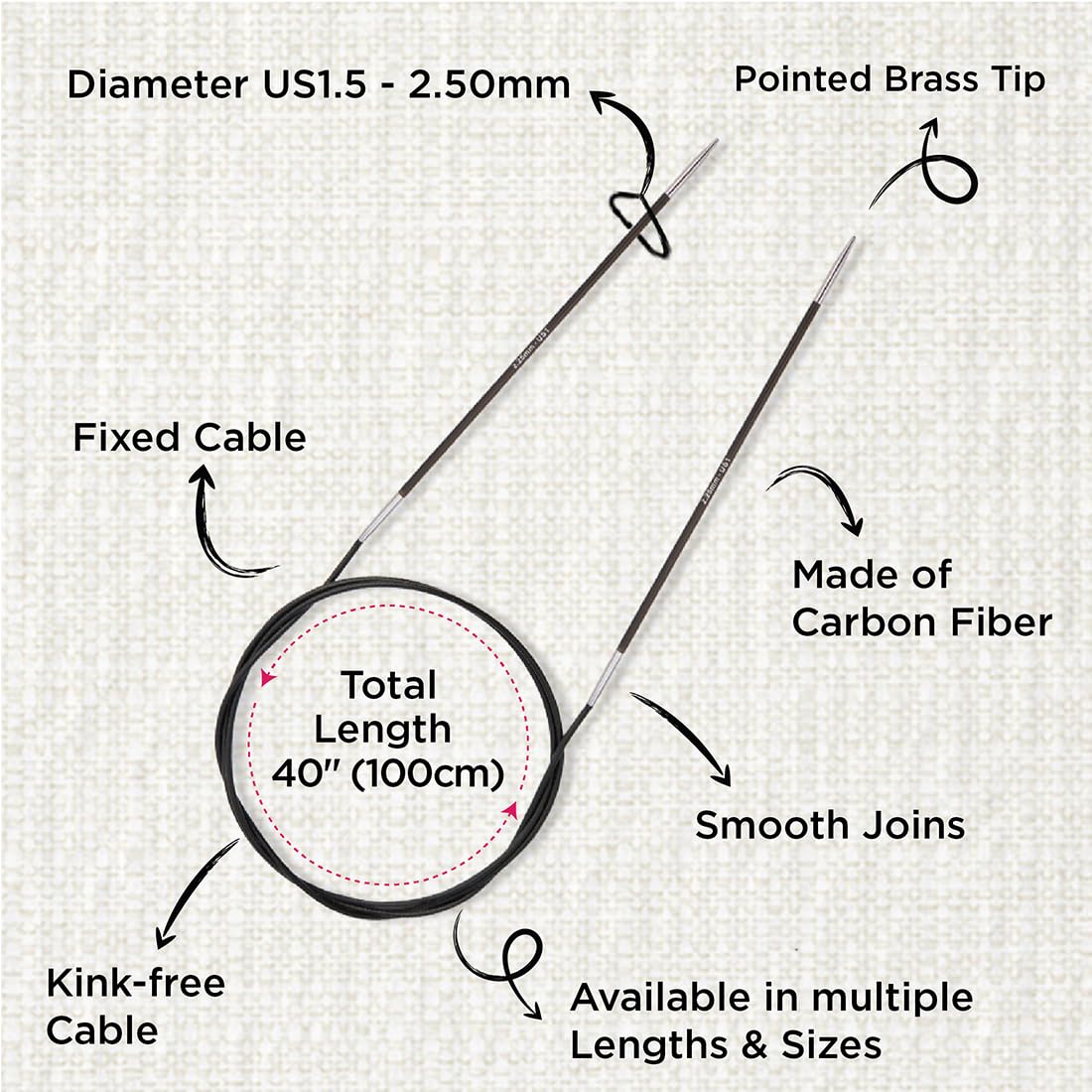 KnitPro Karbonz Fixed Circular Needle 40"(100cm) | US Size 1.5 (2.5mm)