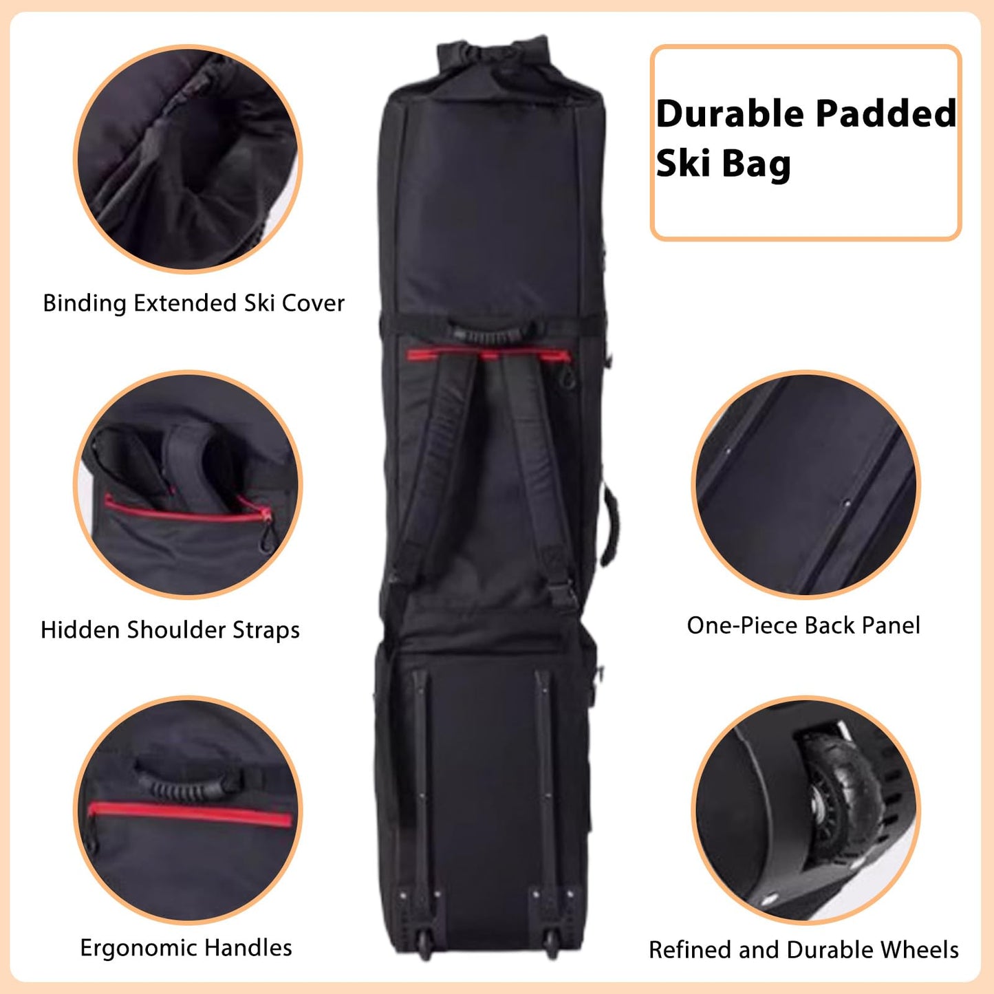 Padded Snowboard Bag with Wheels, Heavy-Duty Wheeled-Ski Travel Bag, Storage Ski Board Boots, Helmet, Jacket for Flying Air Travel, 65 Inch (Extendable to 80.7 Inch),Red