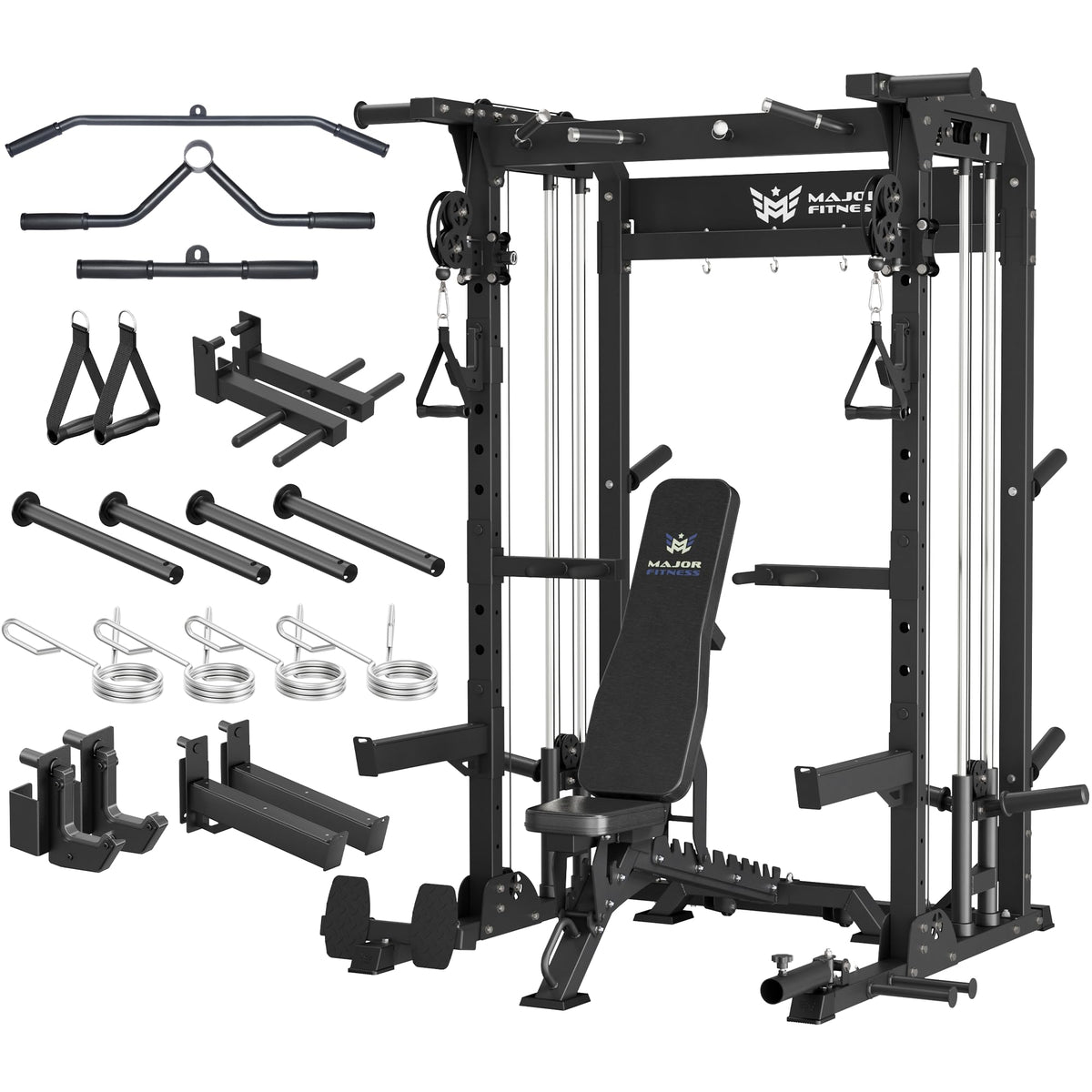 MAJOR FITNESS F22 Power Rack with Weight Bench – 1600lbs All-in-One Squat Rack with Cable Crossover, Dual Pulley, Heavy-Duty Steel Frame, Attachments & Storage for Home Gym Strength Training, Black