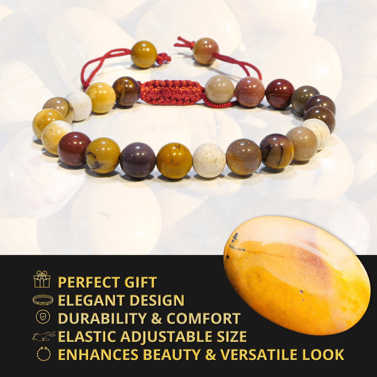 ANAYA AGATE Healing Crystal Bracelet – Chic Gemstone Bracelet for Men and Women – 8mm Round Bead Bracelets for Spiritual Healing, Protection, Positive Energy - Mookaite jasper