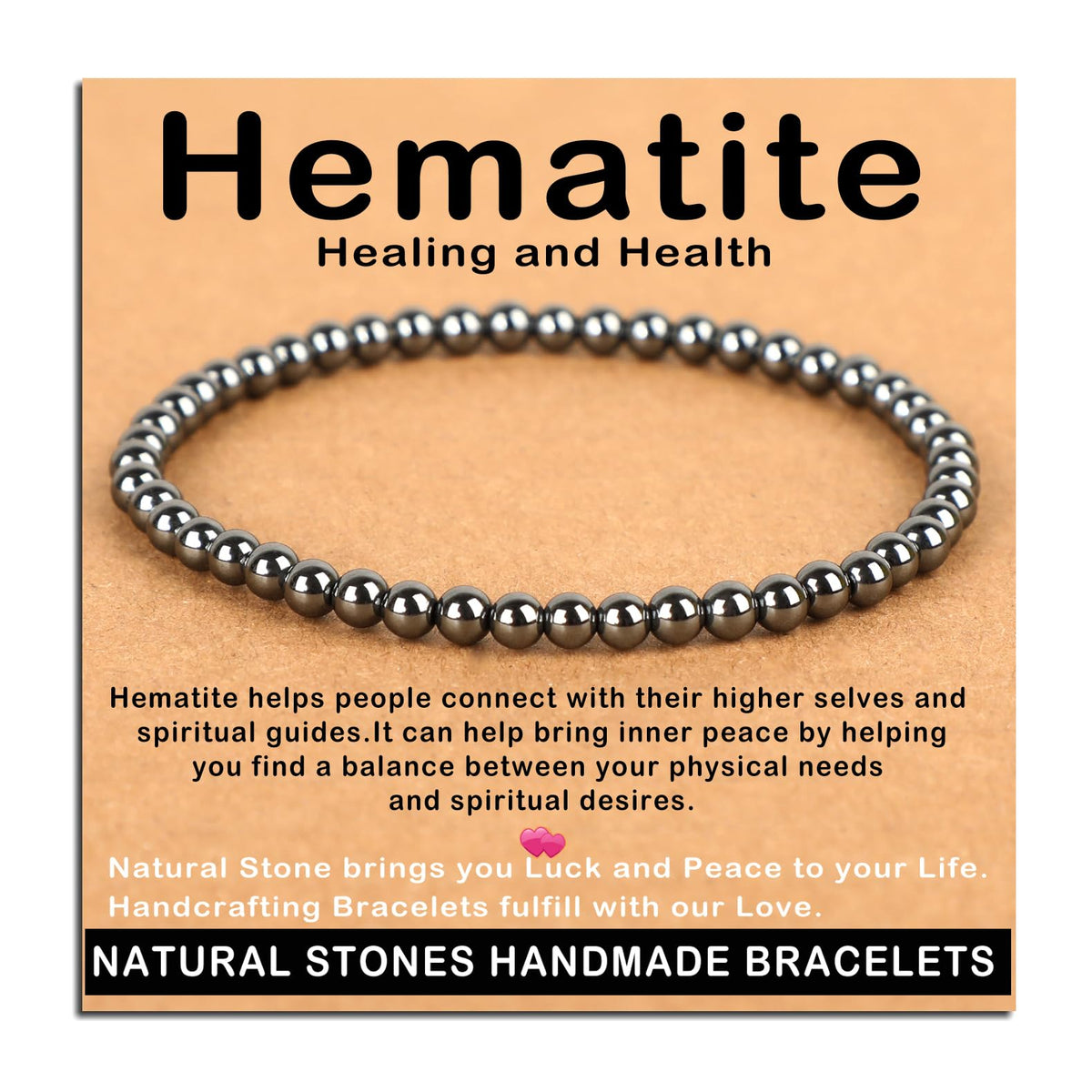 AD Beads Handmade Gemstone Stretch Elastic Bracelet Crystal Healing Reiki Nature's Beauty and Spiritual Essence Unisex (4mm, Hematite (Healing and Health))