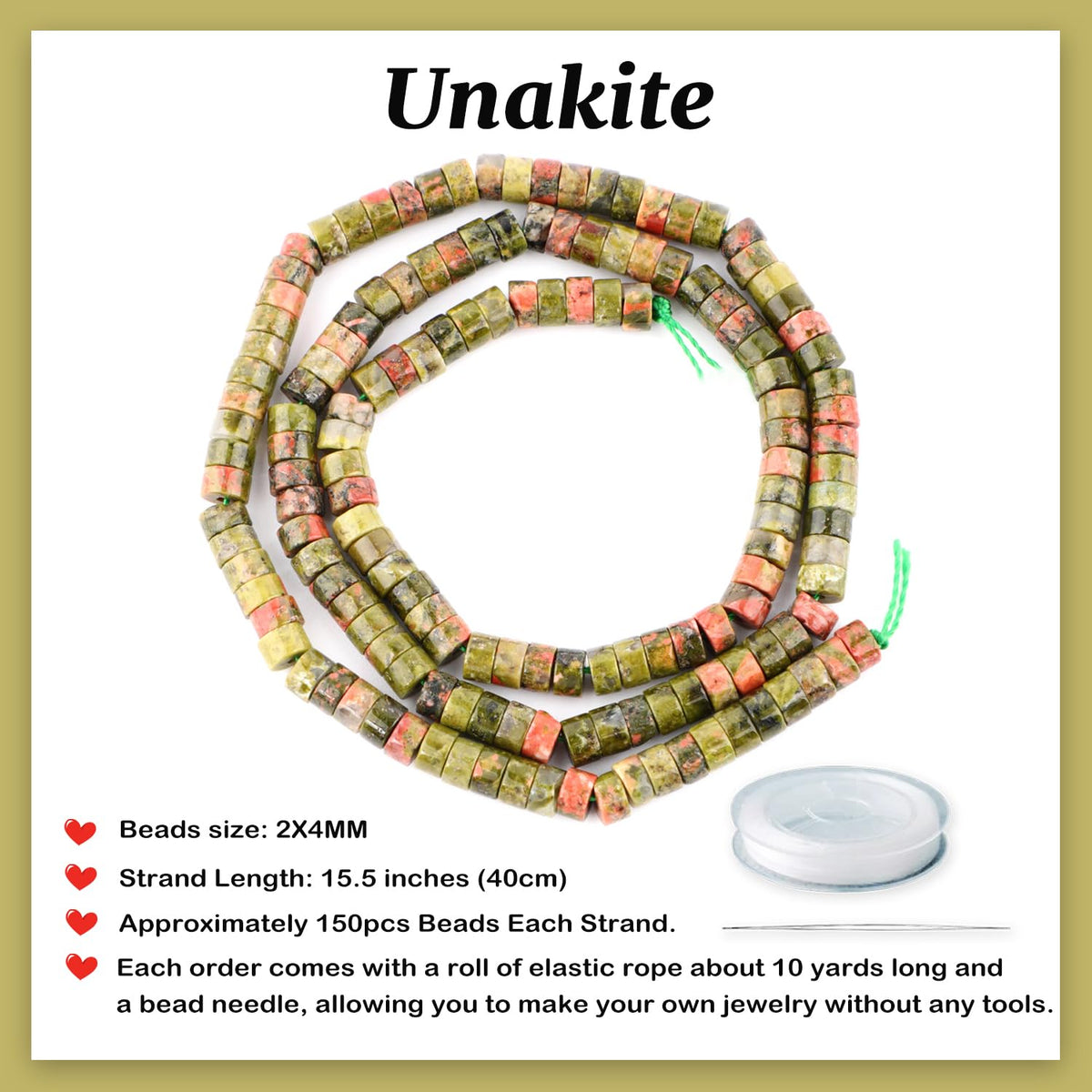Natural Unakite Heishi Spacer Beads Loose Semi Precious Flat Round Gemstone Disc Shape Stone for Beading Jewelry Making 4x2mm 15.5"