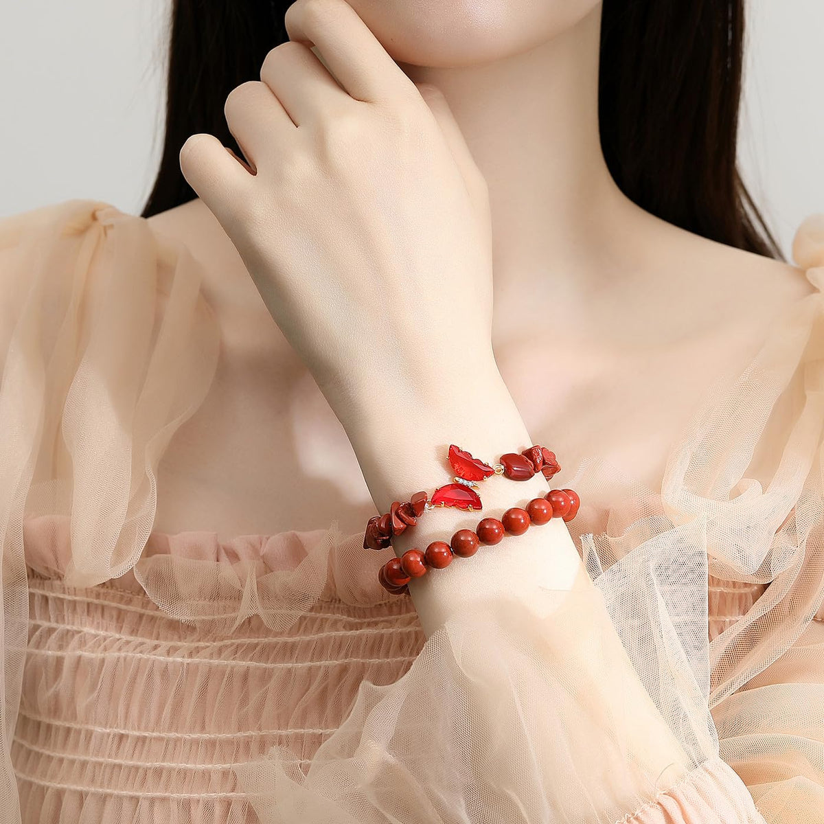DUQGUHO 2Pcs Butterfly Bracelets for Women Turquoise Bracelet for Women Healing Crystal Bracelet Natural Red Turquoise Jewelry 8mm Beaded Bracelet Gifts for Women