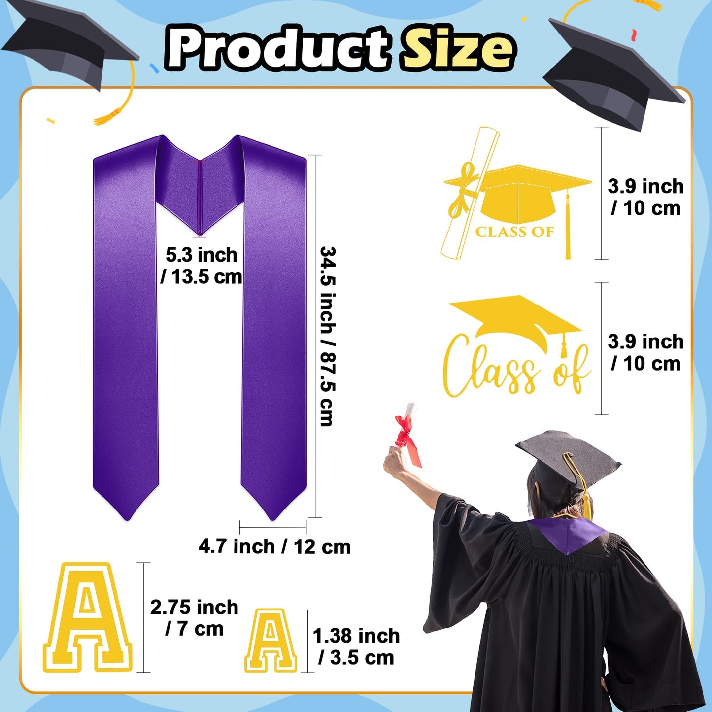 Spakon Unisex Adult Plain Graduation Stole with a to Z Letter 0 to 9 Number Graduation Pattern Badge Decorate Repair Patches(Purple)