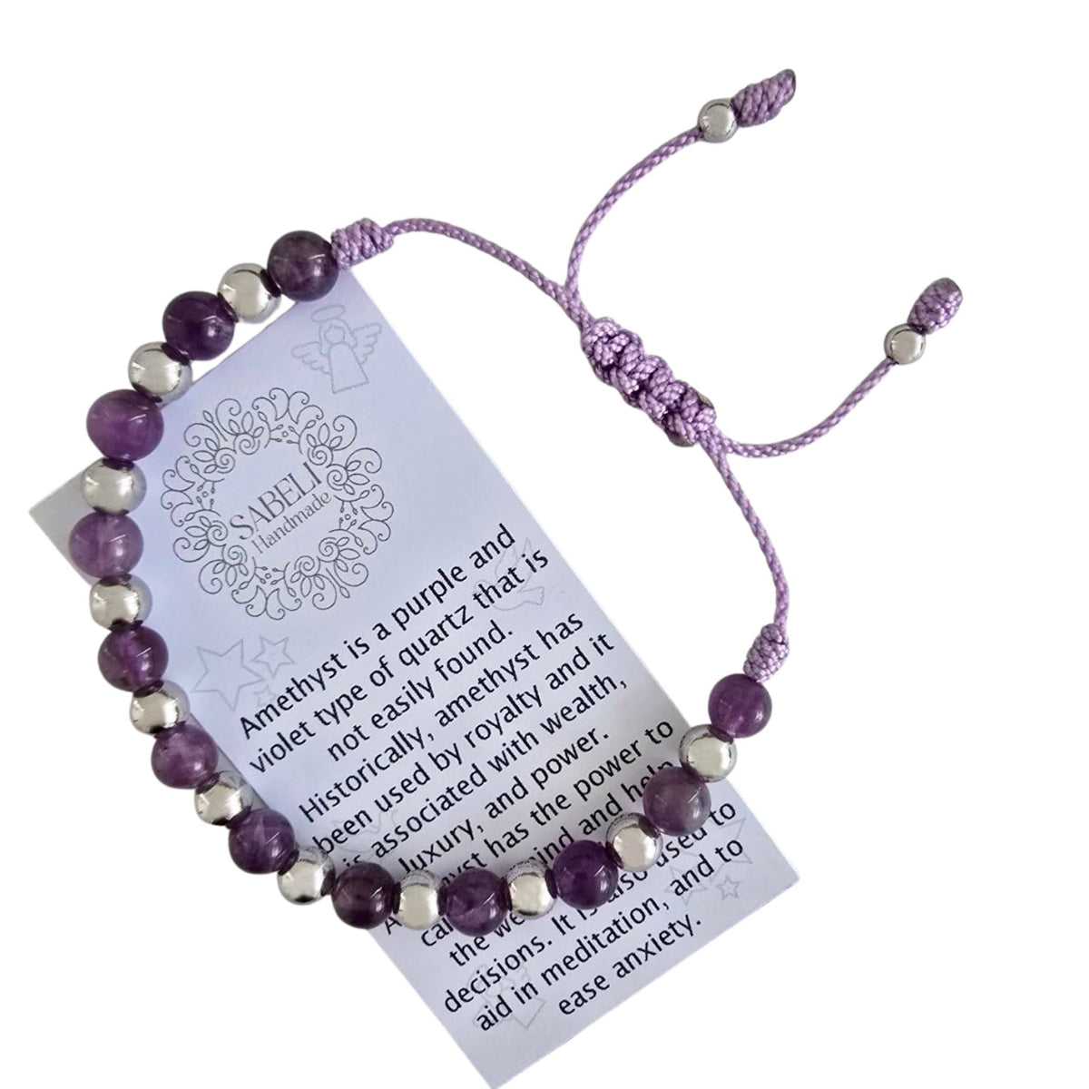 Sabeli Handmade Amethyst Bracelet Healing Natural Stone and Steel Beads Healing Crystals Jewelry Adjustable Macrame Gemstone Gifts 6mm Beads (Amethyst)