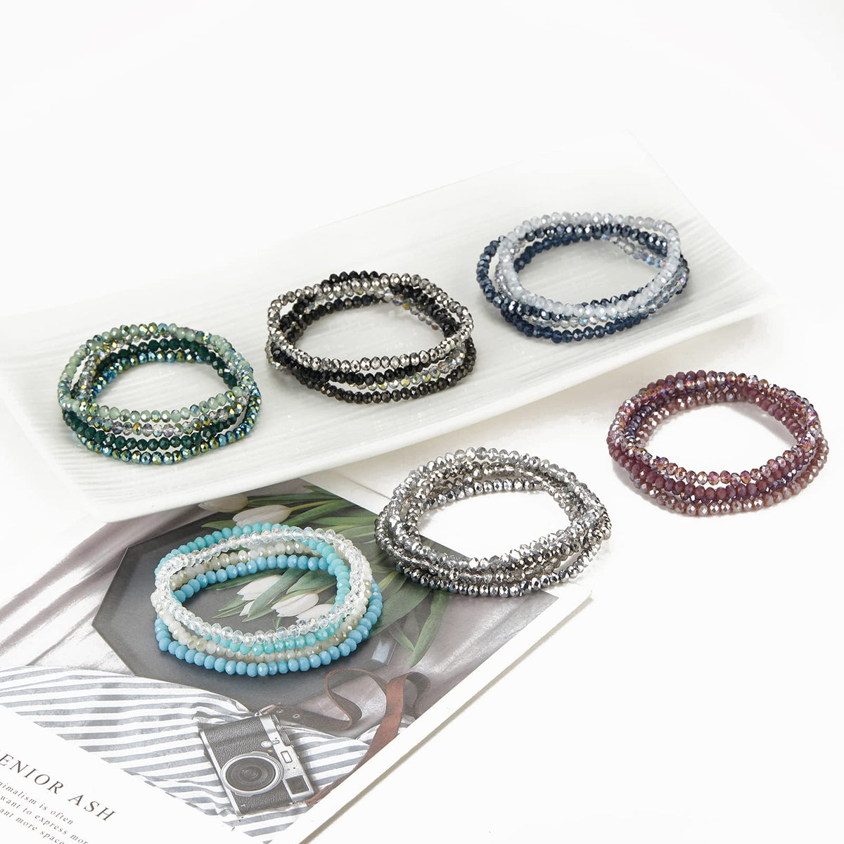 Noessla Beaded Boho Stretch Bracelet Colorful Stackable Crystal Beads Bracelets Trendy Costume Jewelry Mothers Day Gifts for Women(Silver)